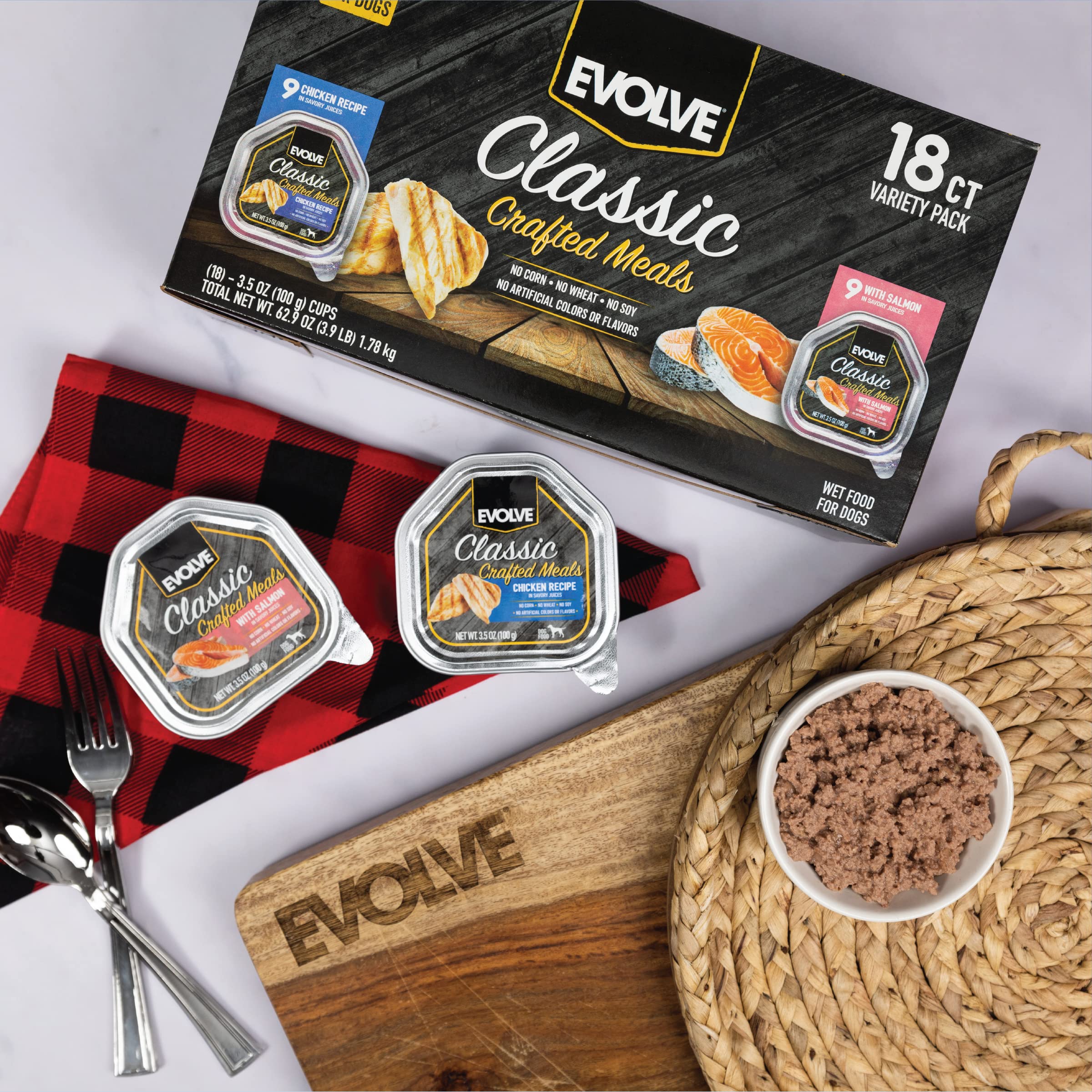 Evolve Classic Crafted Meals Cat Food Variety Pack with Salmon Recipe & Seafood Medley Recipe, 3oz (Pack of 18)