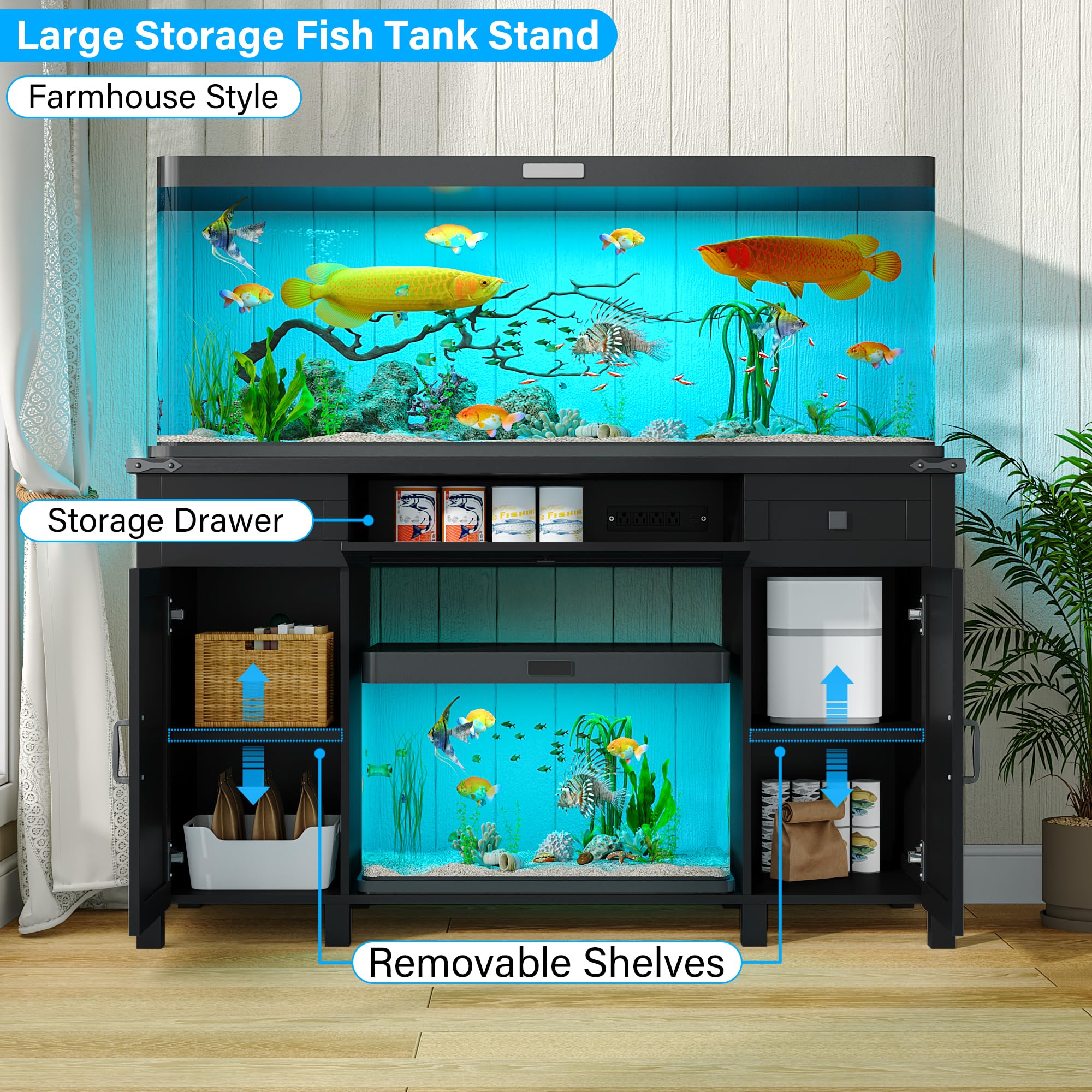 kepptory Aquarium Stand for 55-75 Gallon Tanks, Black, Heavy Duty with Power Outlet & Adjustable Shelves, Model 7889HY9