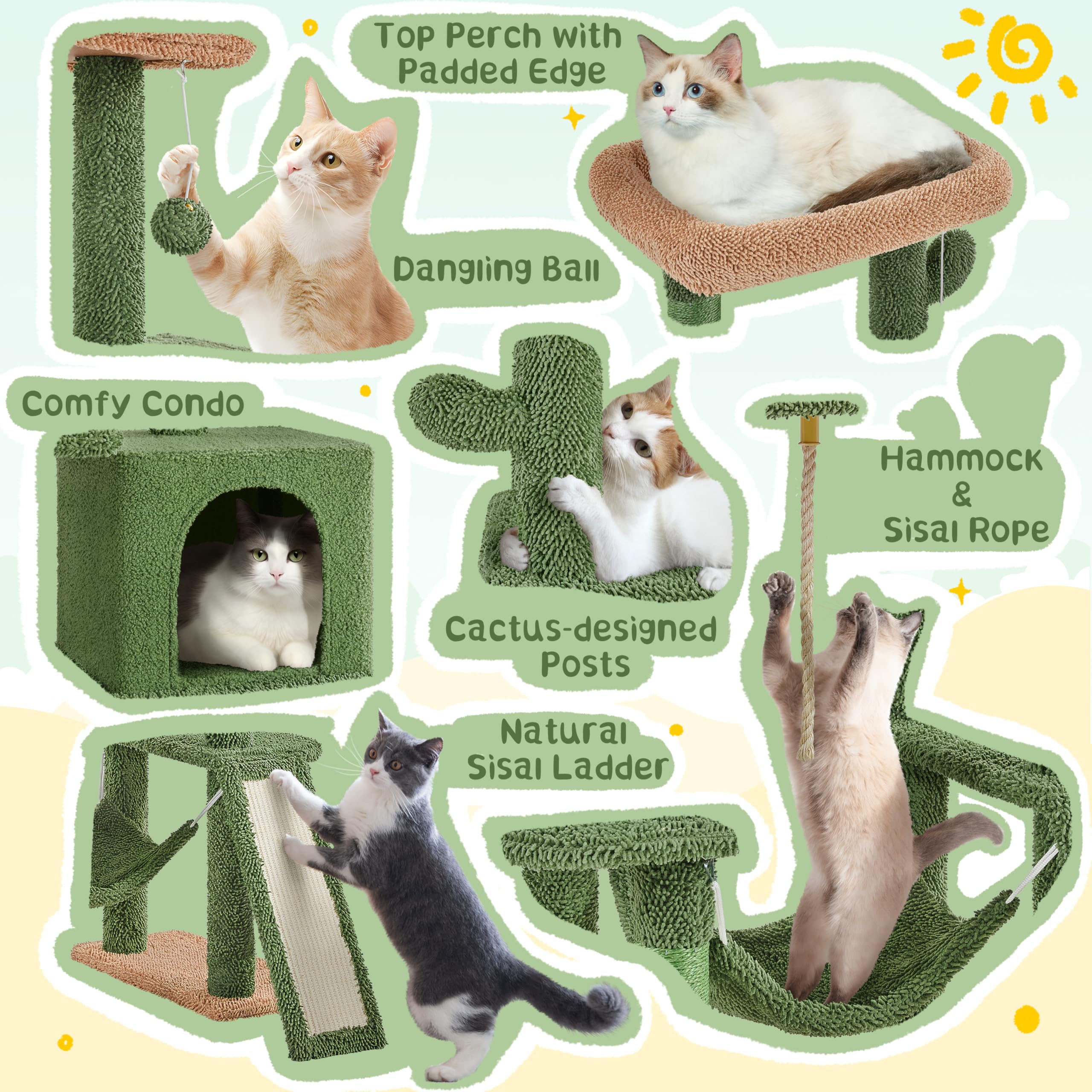 Yaheetech 63in Cactus Cat Tree with Scratching Posts, Condo & Hammock, Green/Brown, Model YT-00132499-63