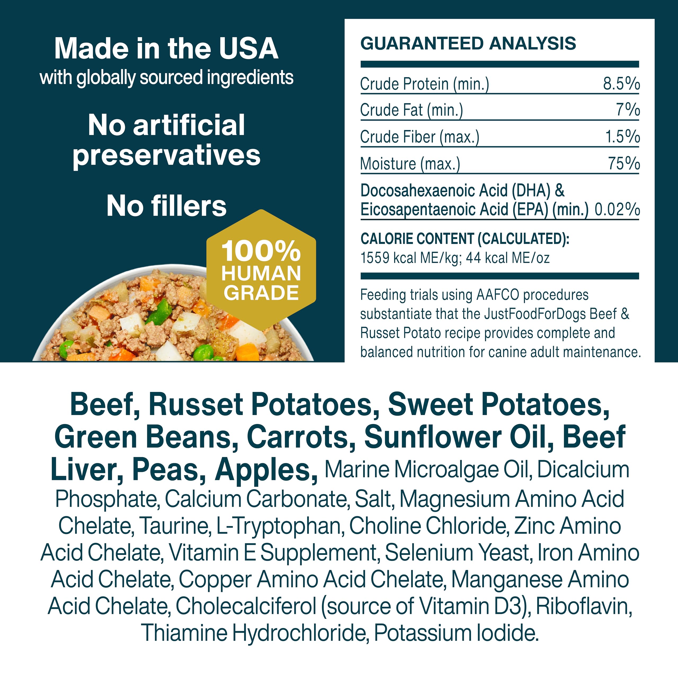 JustFoodForDogs Frozen Fresh Dog Food, Complete Meal or Dog Food Topper, Beef & Russet Potato Human Grade Dog Food Recipe, 72 oz