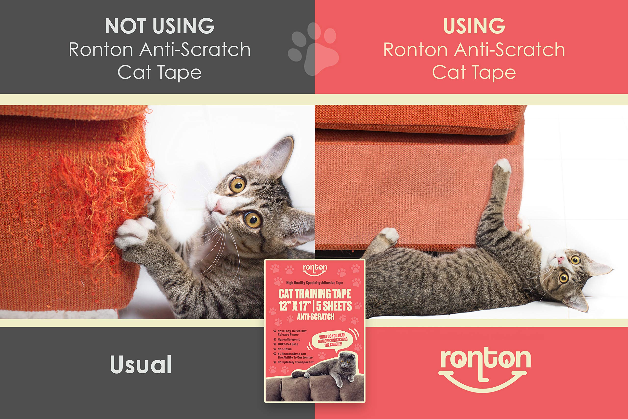 Ronton Cat Scratch Deterrent - Anti Scratch Tape For Cats | 100% Transparent Clear Double Sided Training Tape | Pet & Kid Safe |