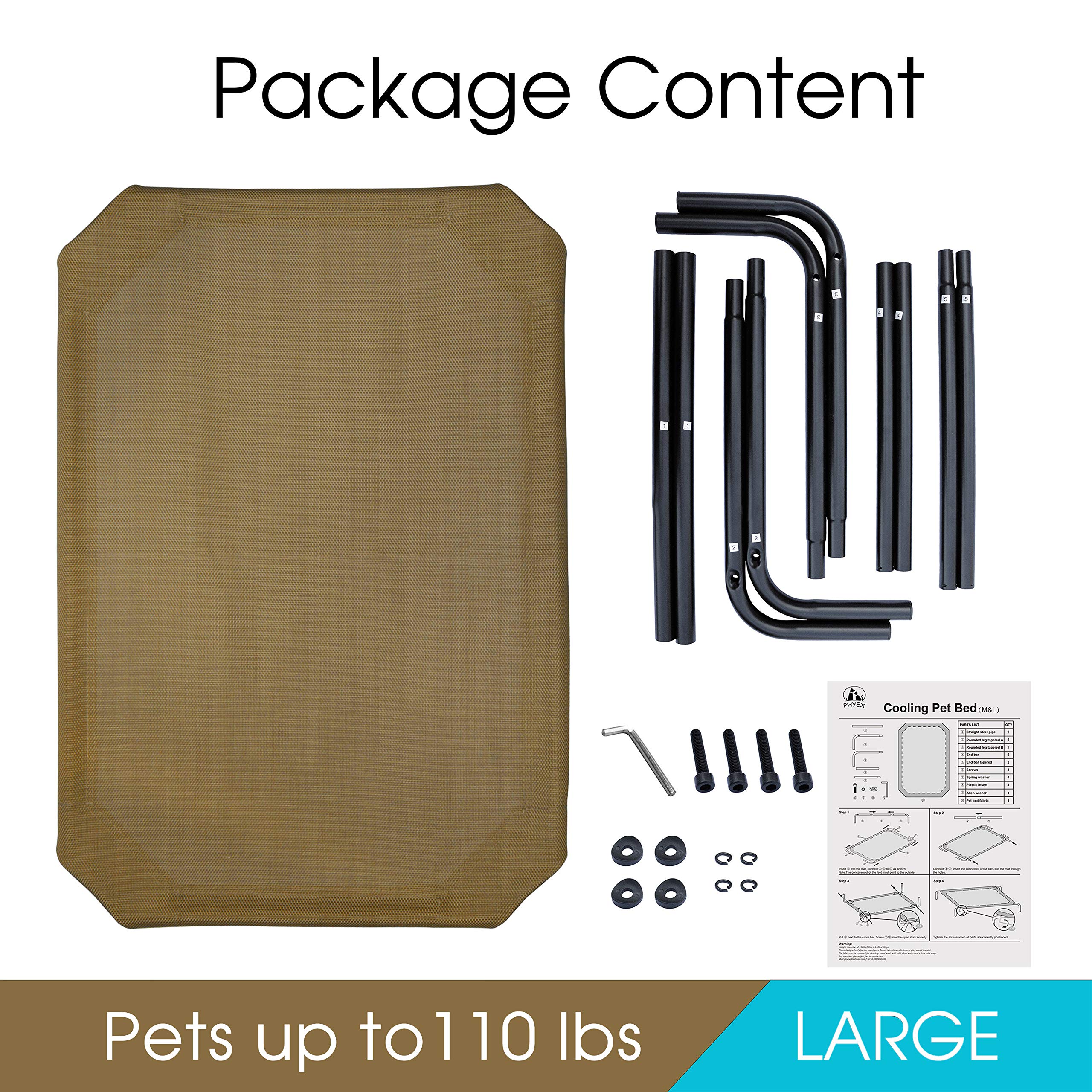 Phyex Heavy Duty Steel-Framed Portable Elevated Pet Bed, Elevated Cooling Pet Cot, 50.5' L X 30.5' W X 7.8' H(L, Brown)