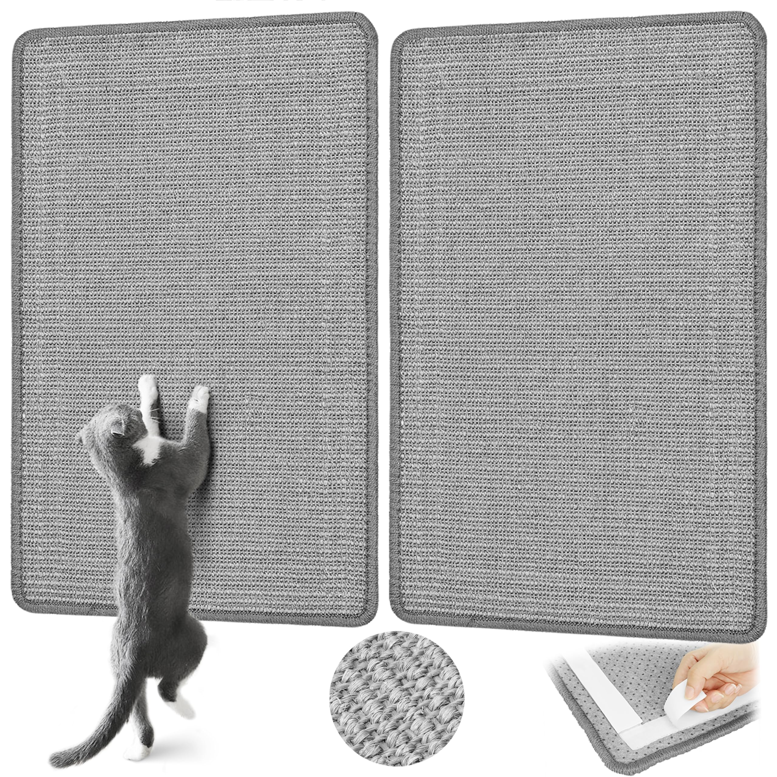 Graciadeco Gray Cat Scratching Mat Sisal, 2 Packs Sisal Fabric Large Cat Scratching Pad For Indoor Cats With Adhesive Hook Loop Tape, Wall Scratchers For Indoor Cats 23.6' X 15.7'