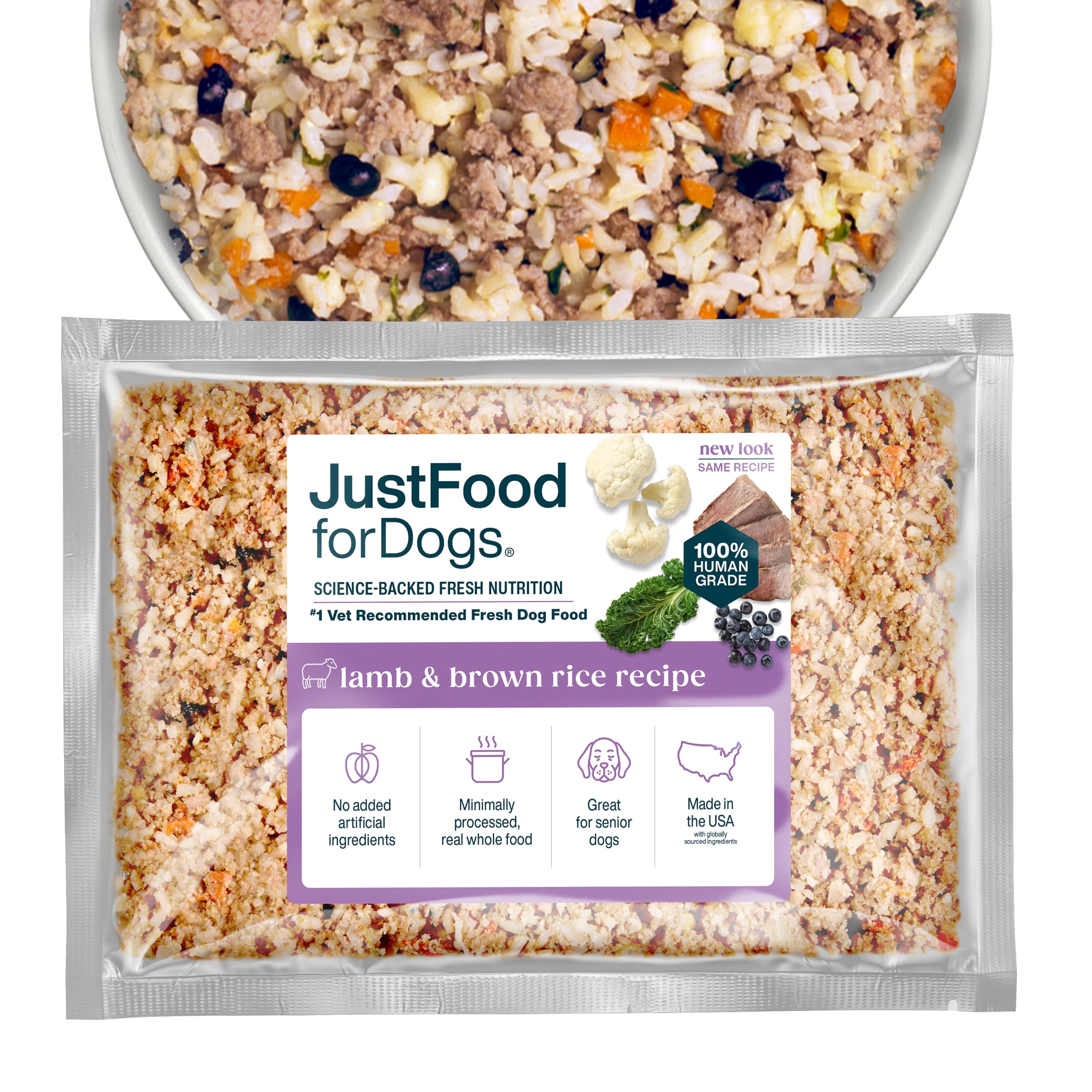 JustFoodForDogs Frozen Fresh Dog Food, Complete Meal or Topper, Lamb & Brown Rice Human Grade Dog Food Recipe, 18 oz (Pack of 7)