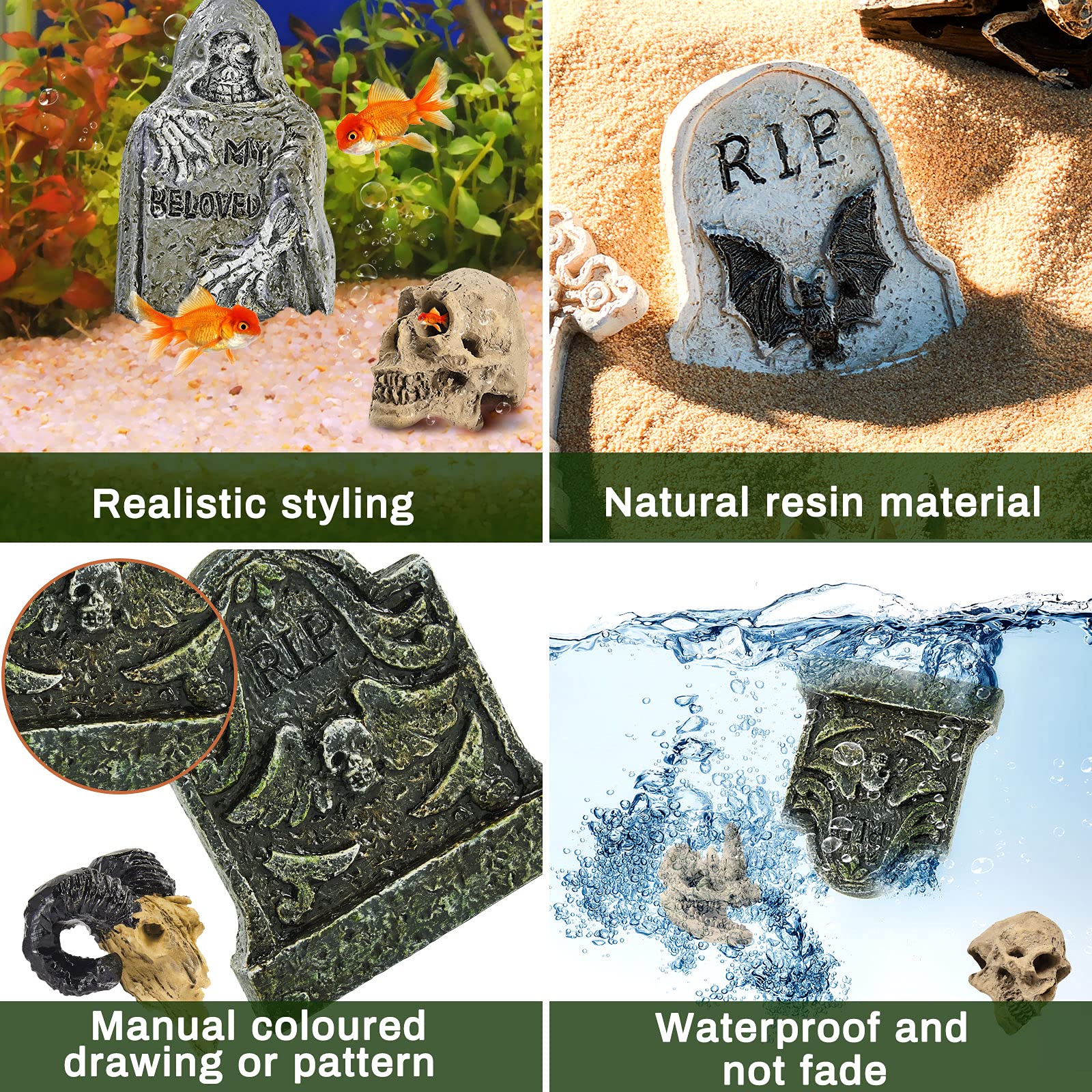 Yookeer Halloween Fish Tank Decor Halloween Aquarium Decor Terrarium Aquarium Skull Miniatures Resin for Village Collections Set