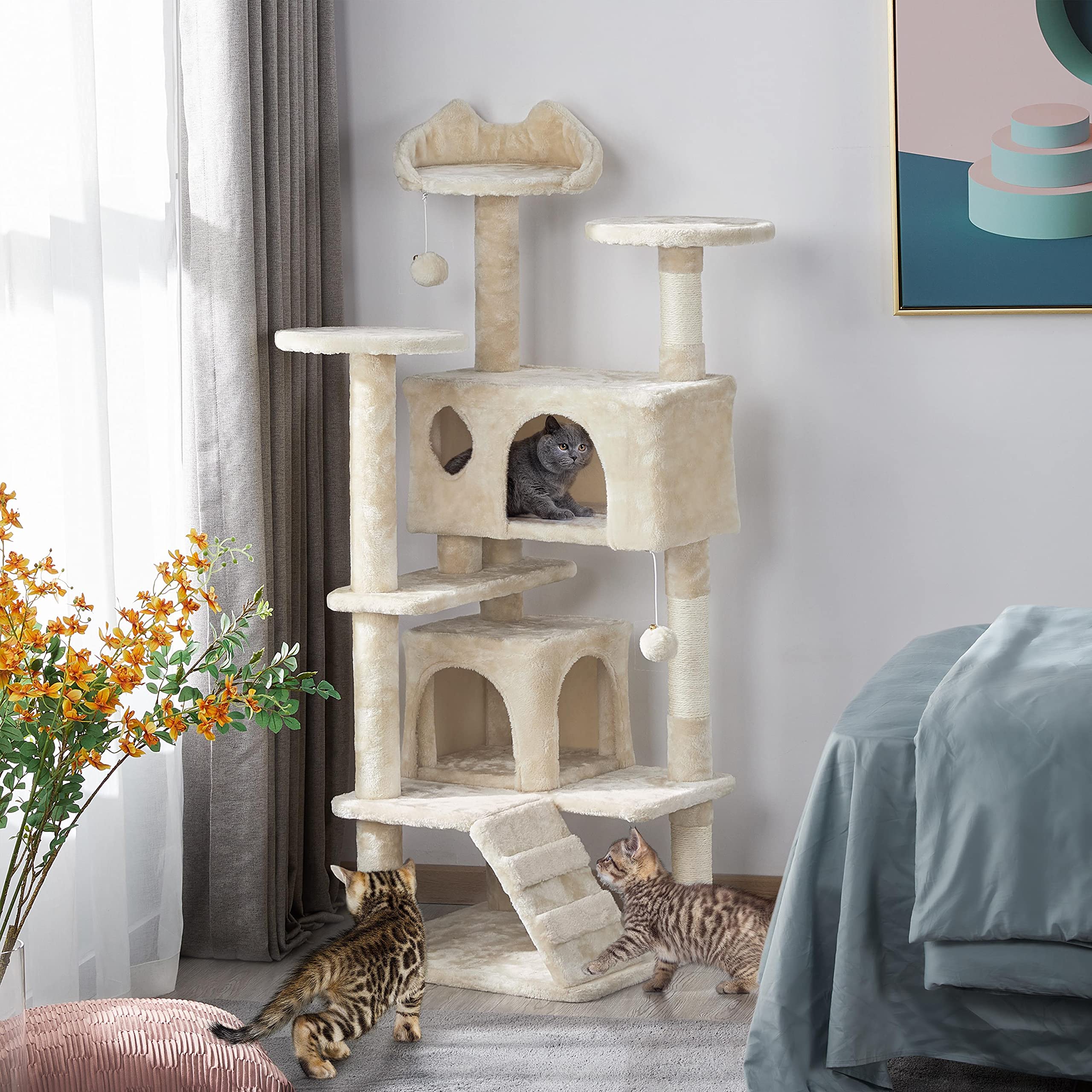 Topeakmart 54In Cat Tree, Cat Tower W/Large Cat Condo Scratching Posts And Perch, Cat Stand House Furniture, Beige