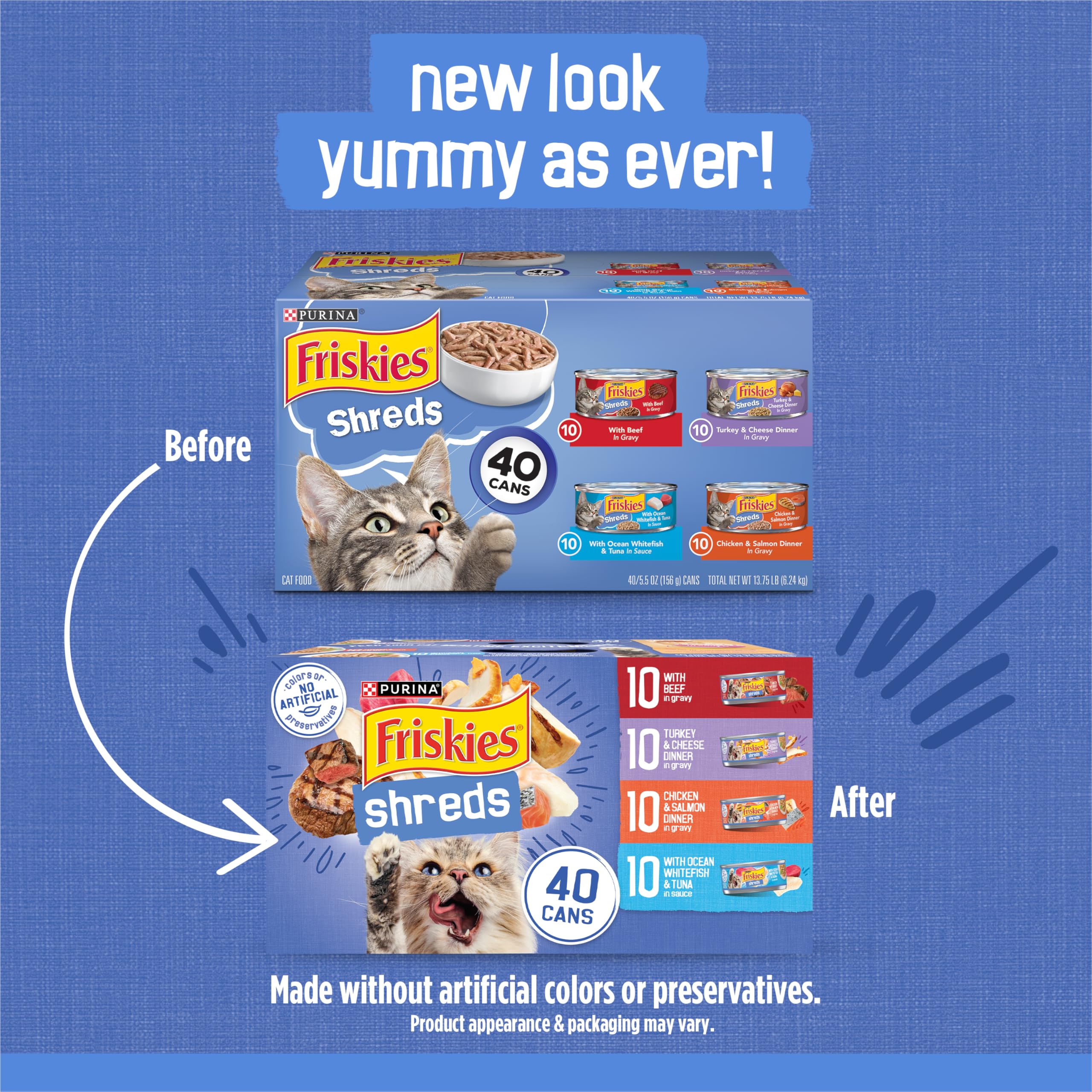 Purina Friskies Wet Cat Food Variety Pack, Shreds Beef, Turkey, Whitefish, and Chicken & Salmon - (Pack of 40) 5.5 oz. Cans
