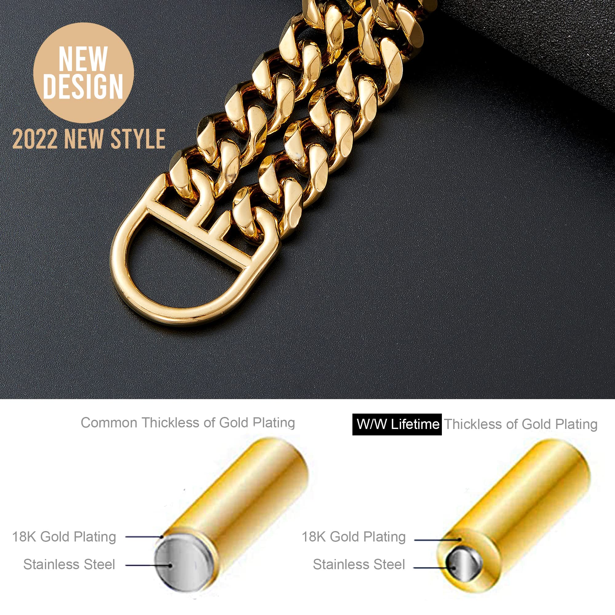 W/W Lifetime Gold Dog Chain Collar Walking Metal Chain Collar with Design Secure Buckle,18K Cuban Link Strong Heavy Duty Chew Pr