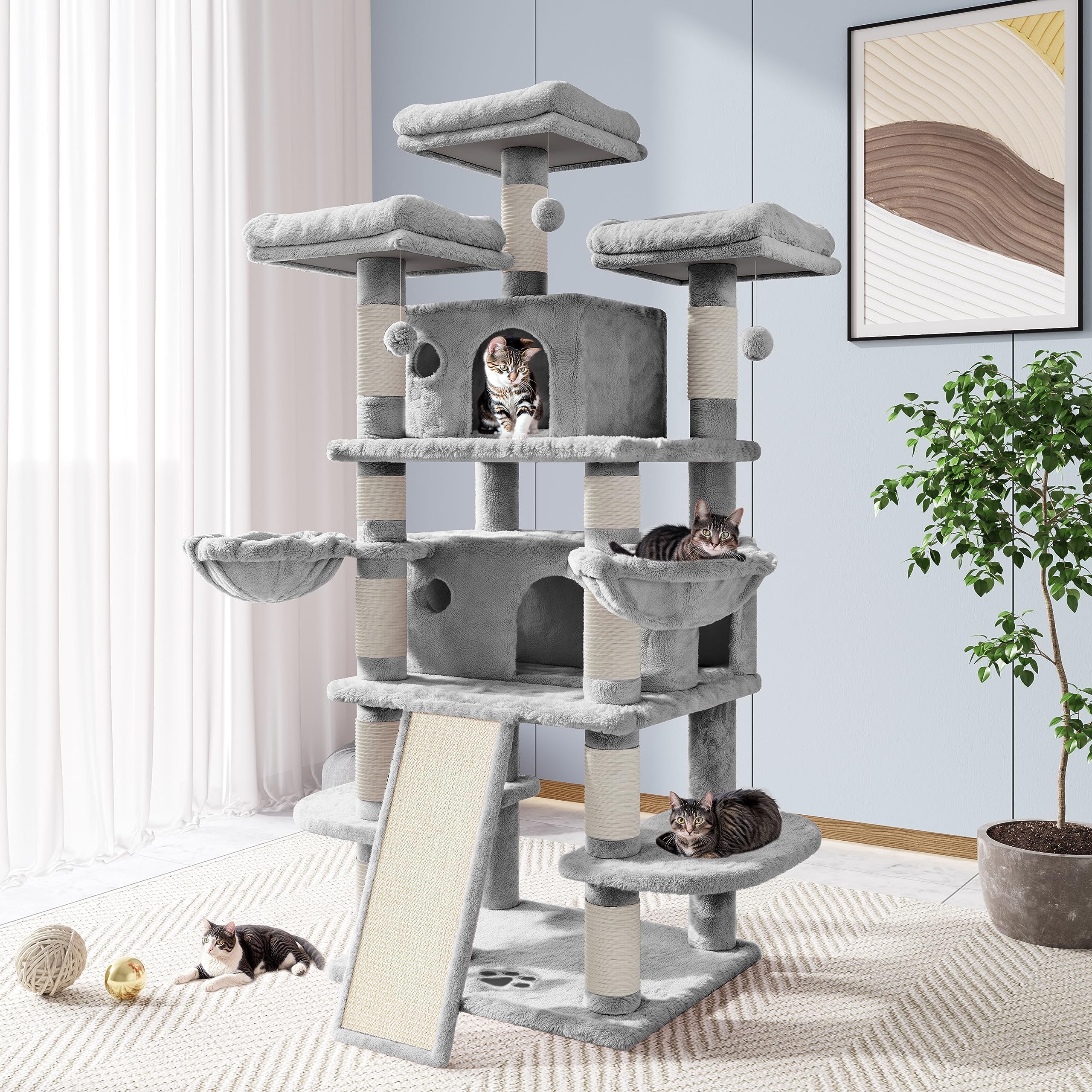 Allewie 68 Inches Cat Tree/House And Towers For Big Feline/Scratching Post/Multi-Level Large Kitty Climbing Tree With Condo/Ligh