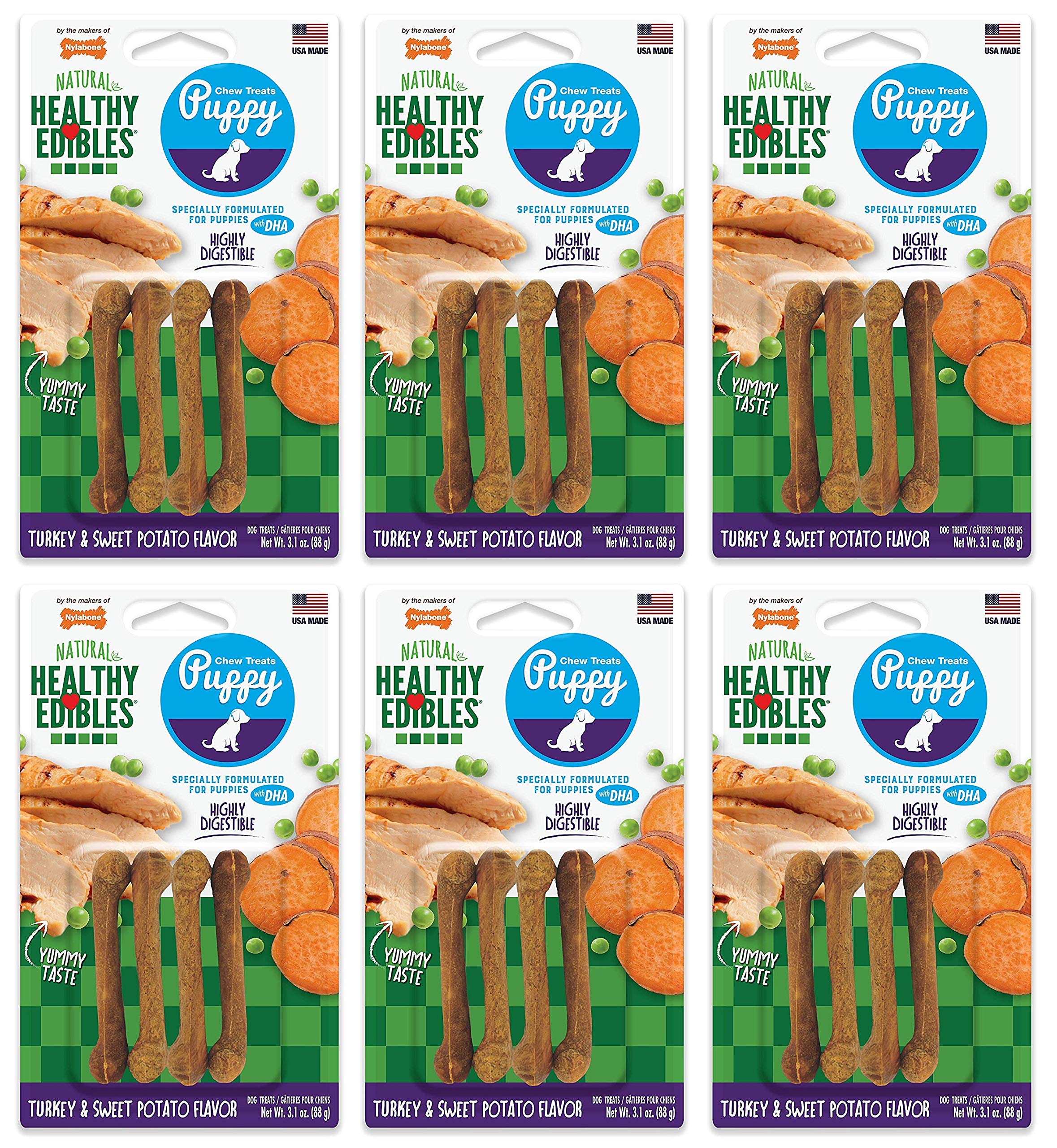 Nylabone 6 Pack of Turkey and Sweet Potato Healthy Edibles Puppy Treats, 3.1 Ounces each, Made in the USA