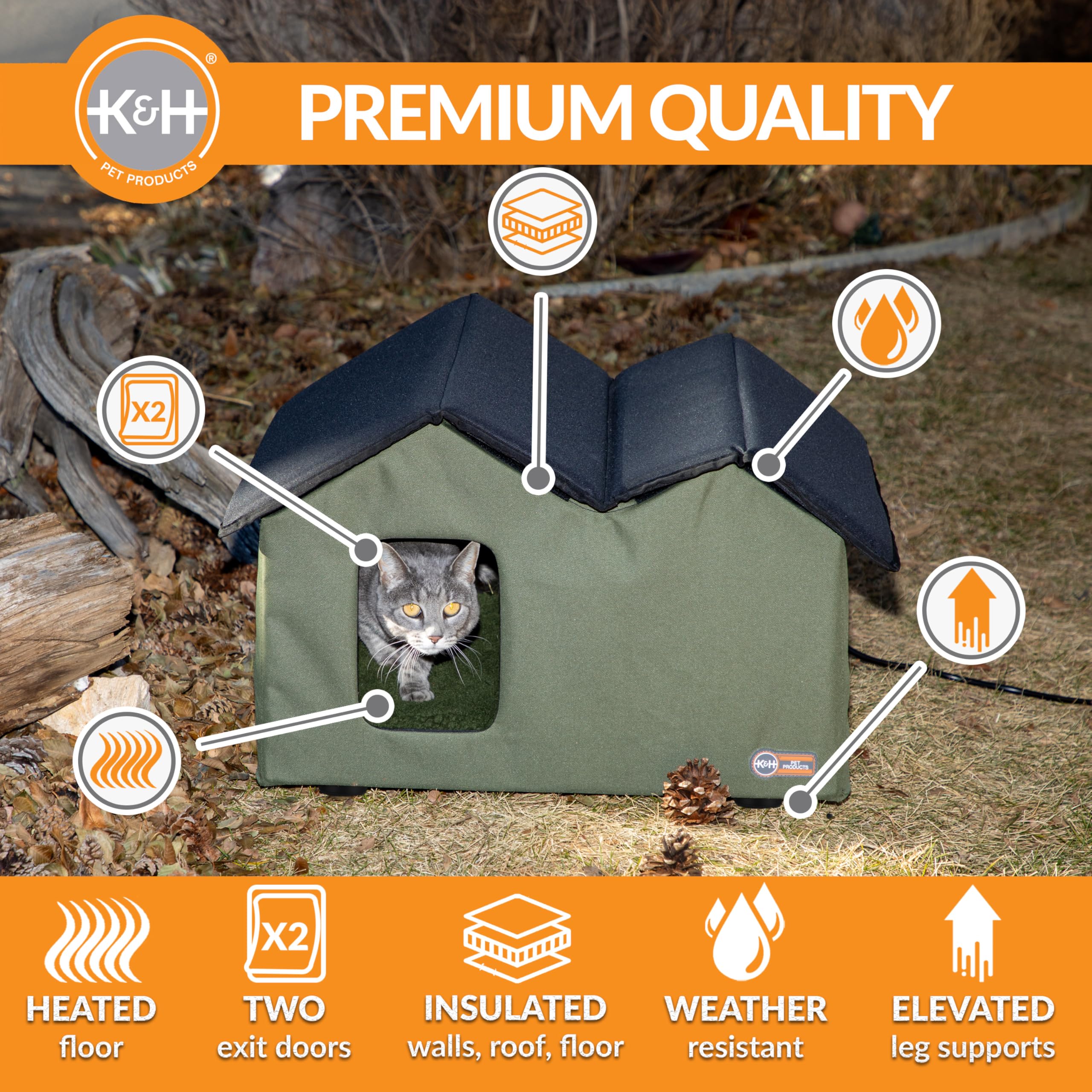 K&H Pet Products Elevated Outdoor Kitty House Extra-Wide Heated Olive/Black 26.5 X 21.5 X 17 Inches