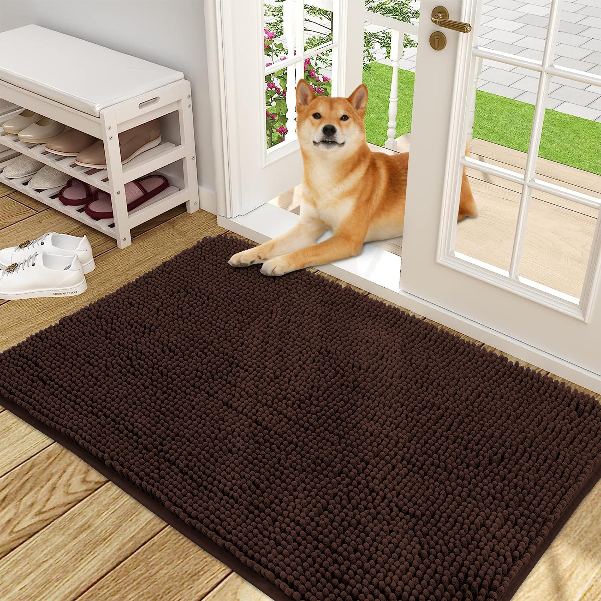OLANLY Dog Door Mat for Muddy Paws 48x30, Absorbs Moisture and Dirt, Absorbent Non-Slip Washable Doormat, Quick Dry Chenille Mud
