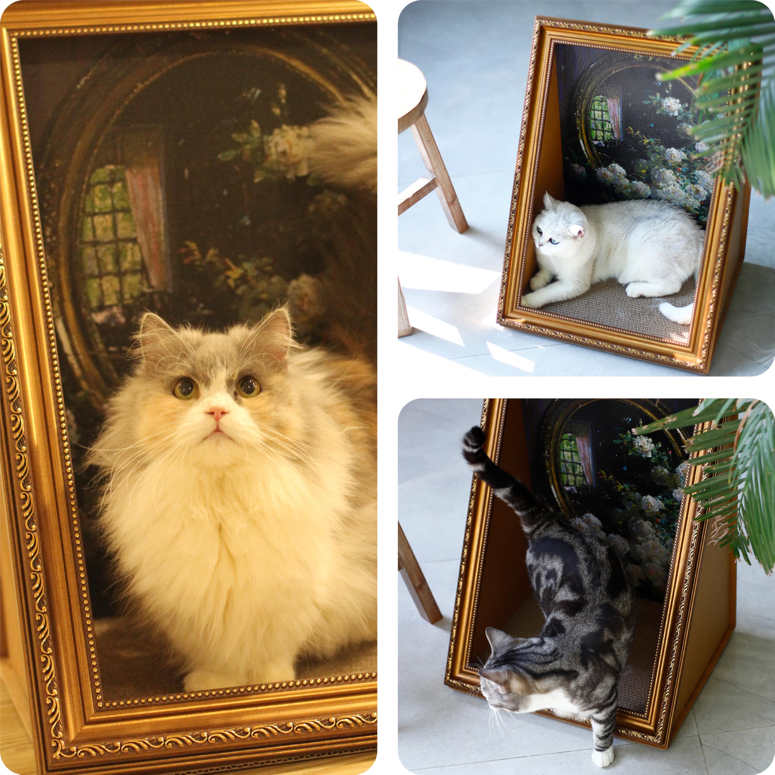 Cat Living In Famous Painting - Double-Sided Oil Painting Cat House With Scratcher Vintage Art Picture Frame Cardboard House Eas