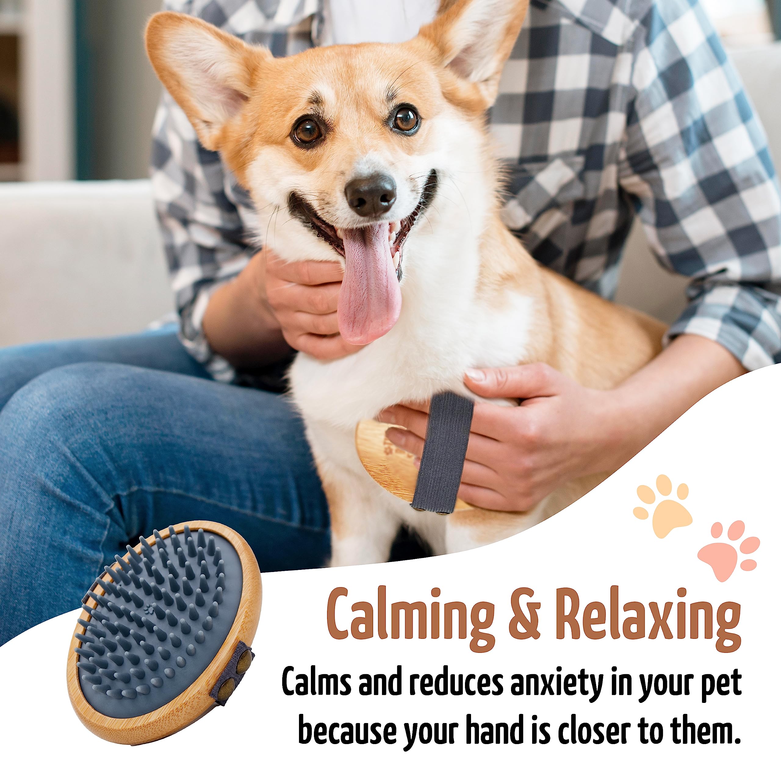 The Buddy System Rubber Pet Close Brush, Soft Touch Oval Palm Brush - Bamboo Massage Handheld With Rubber Bristles And Elastic B