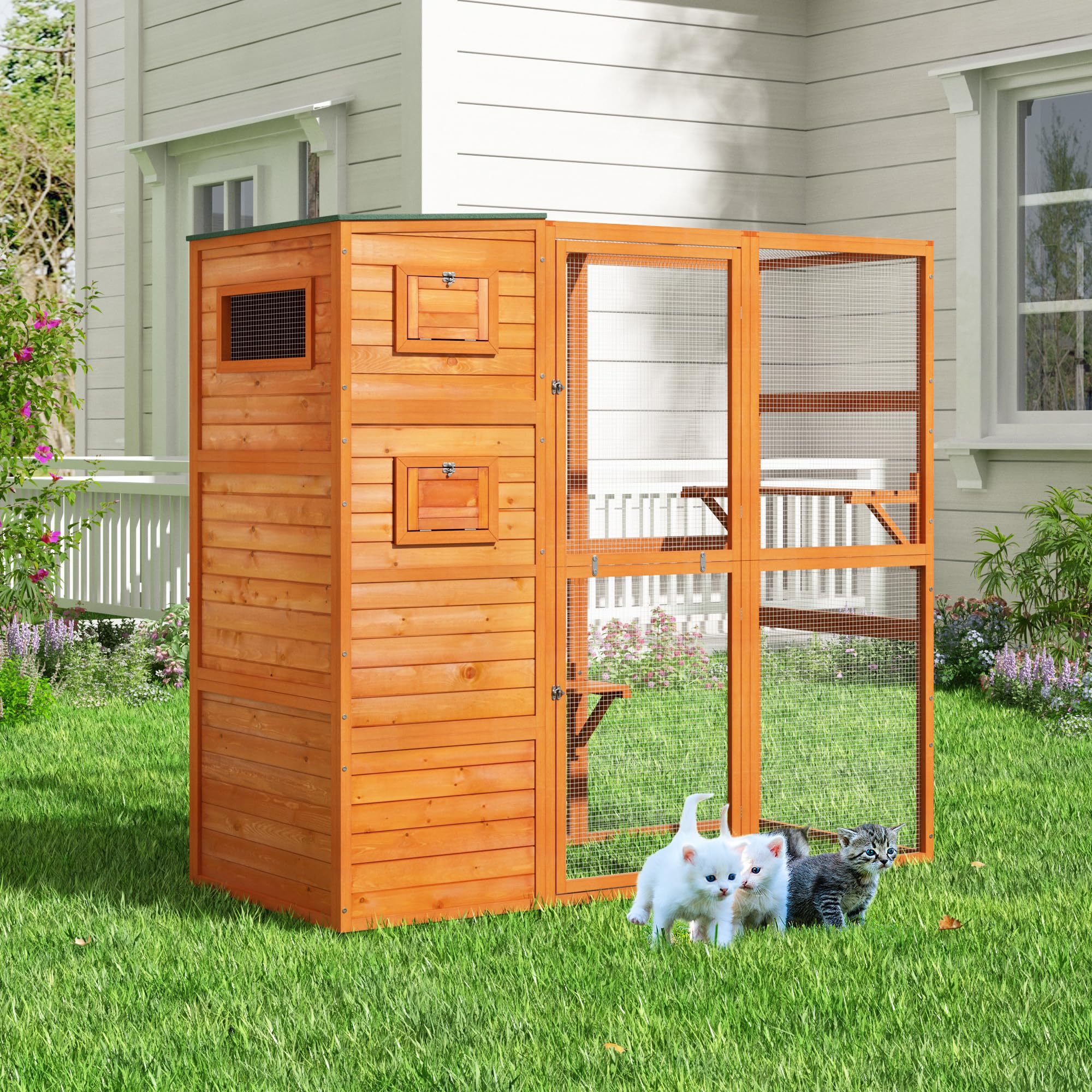 Coziwow Large Wood Cat Catio, Outdoor Enclosure With Weatherproof Roof, 2 Resting Rooms, 2 Platforms, 4-Tier Cat Playpen, Orange