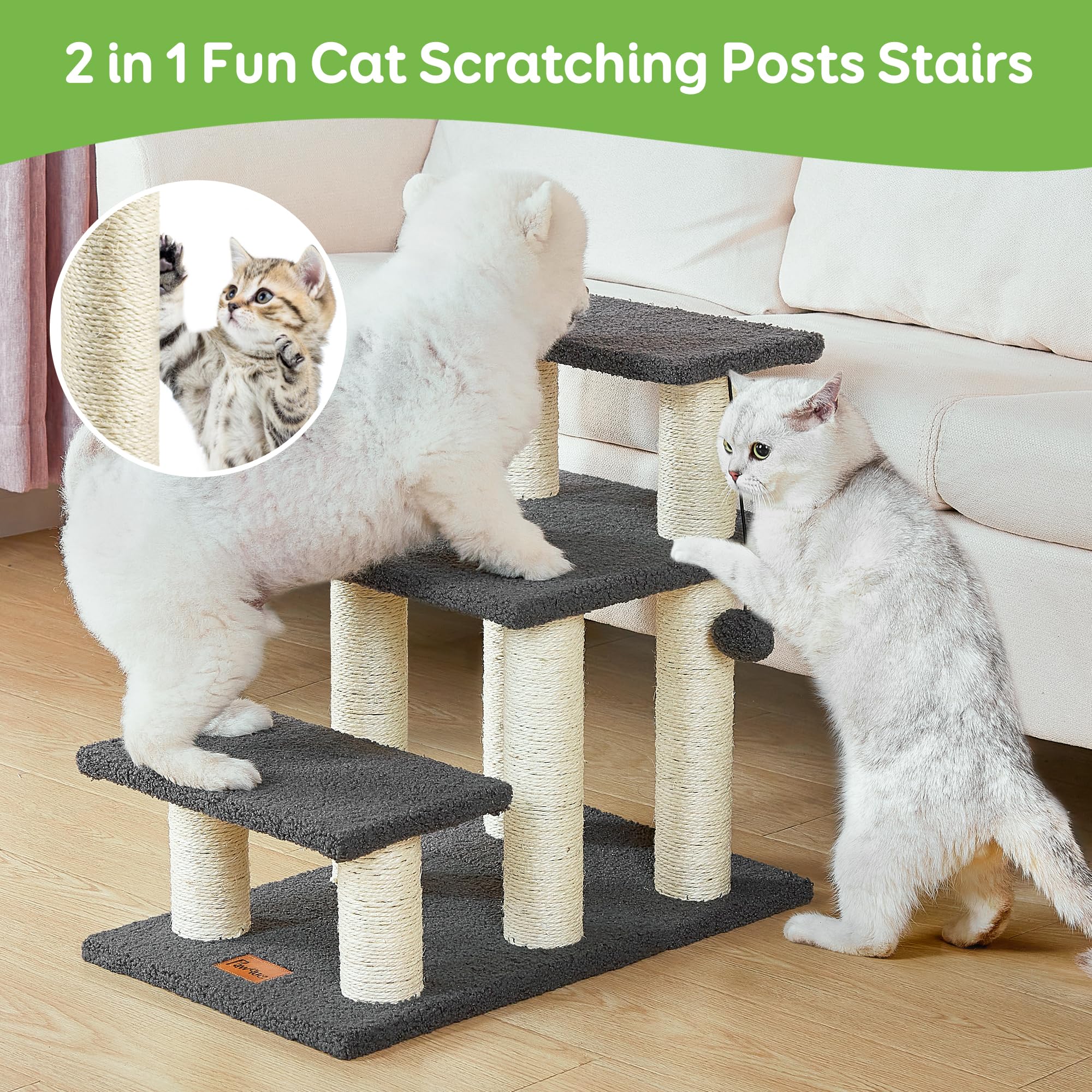 Pawque Dog Stairs & Cat Scratching Post, 3-Steps, Grey, Holds up to 150 lbs, High-Strength Boards for Small Pets