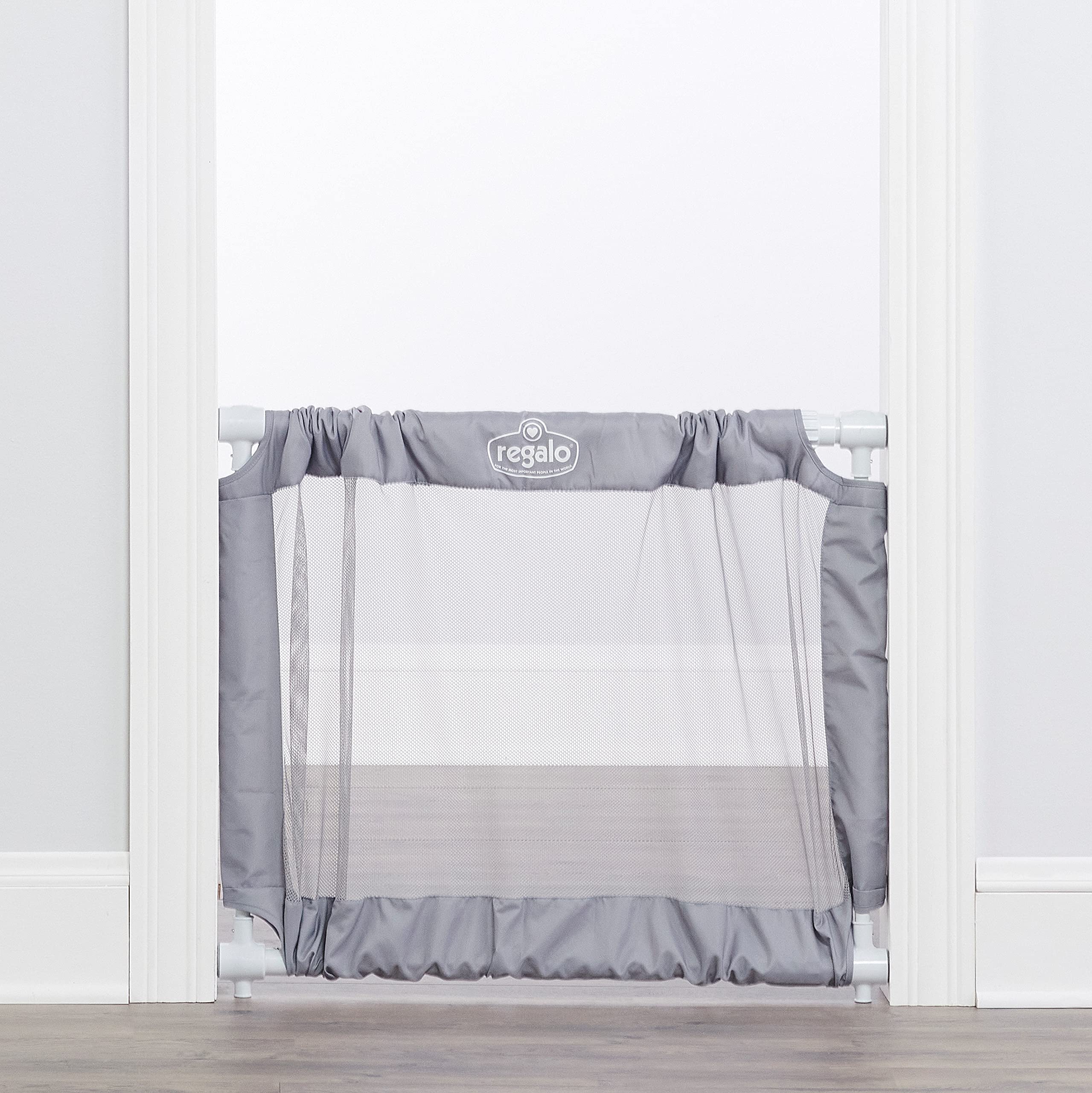Regalo 50'' Extra Wide Gray Expandable Mesh Gate, Pressure Mounted, Includes Rubber Bumpers to Protect Walls