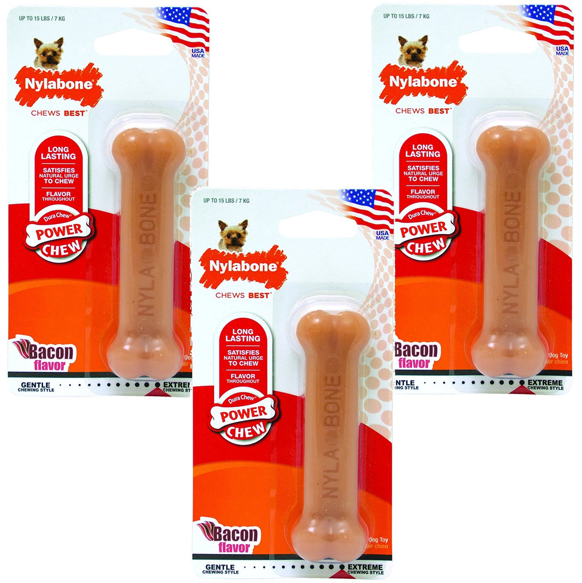 (3 Pack) Nylabone Dura Chew Petit Bacon Flavored Bone Dog Chew Toy, X-Small