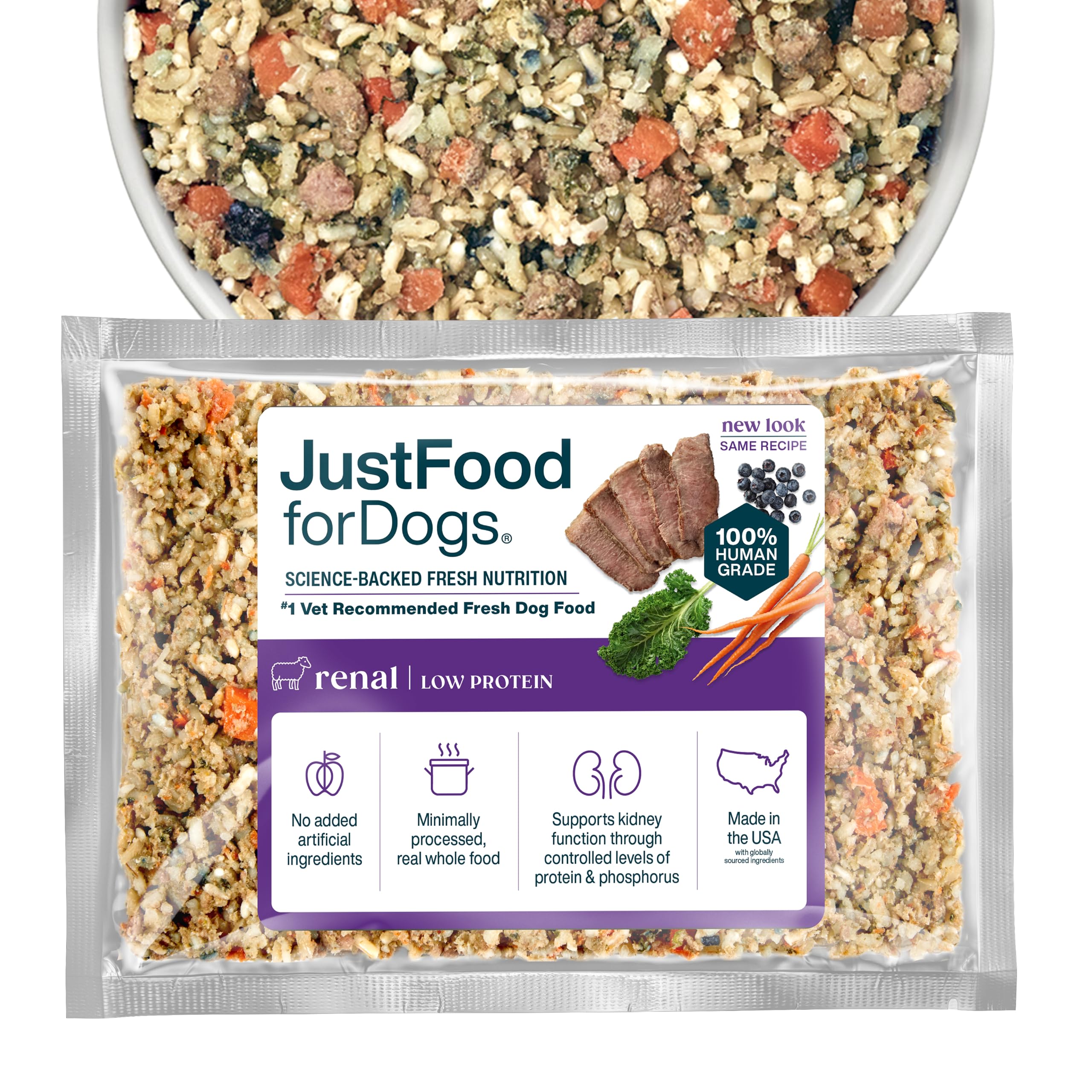JustFoodForDogs Renal Support Low Protein Dog Food for Kidney Health, Fresh Frozen Human Grade Dog Food, Rx, 72 oz (Pack of 7)