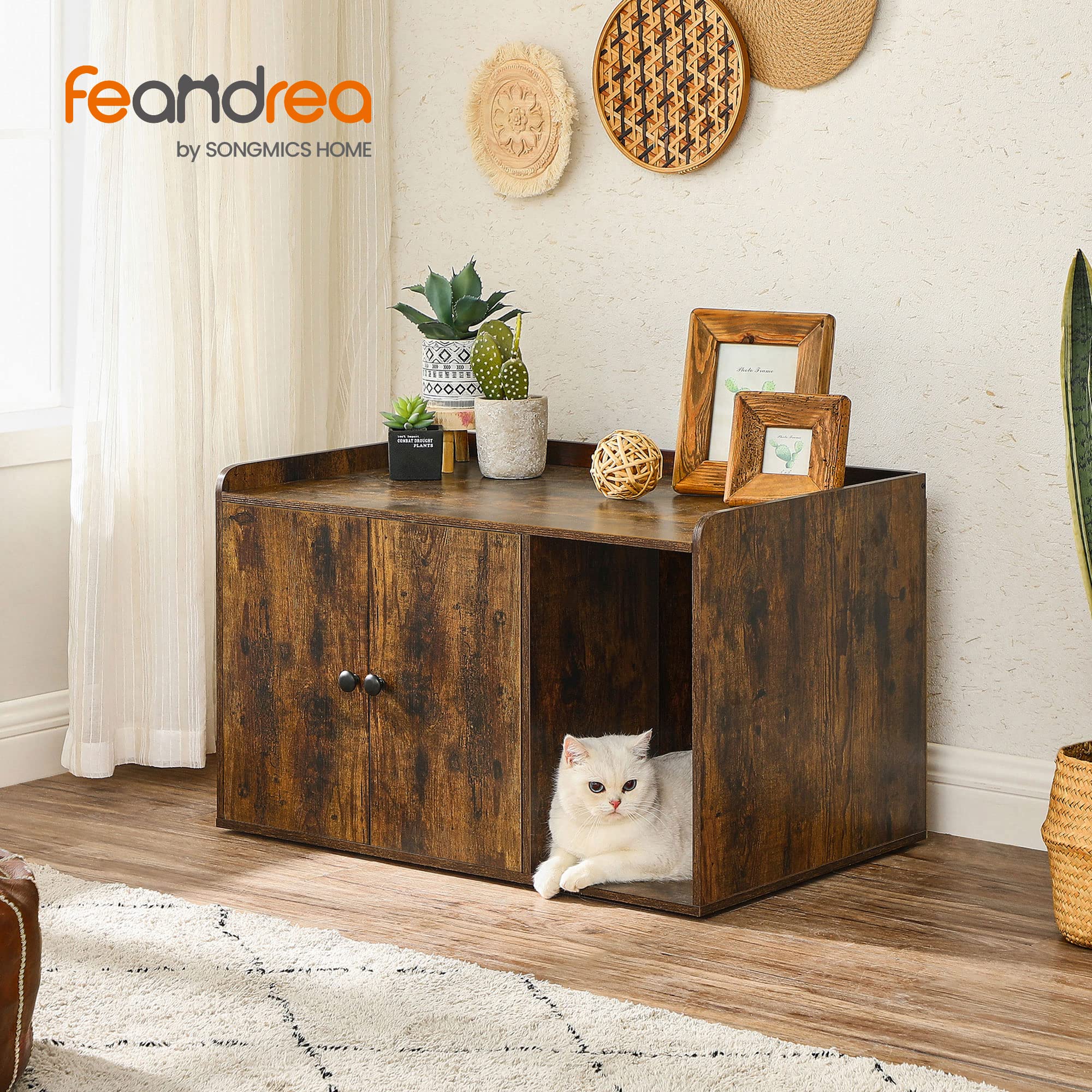 Feandrea Litter Box Enclosure, Cat Litter Box Furniture Hidden, With Front Entry, Modern Cat House For Indoor Cat, Kitty, Side End Table, 32.4 X 20.9 X 19.7 Inches, Rustic Brown Upcl001X01