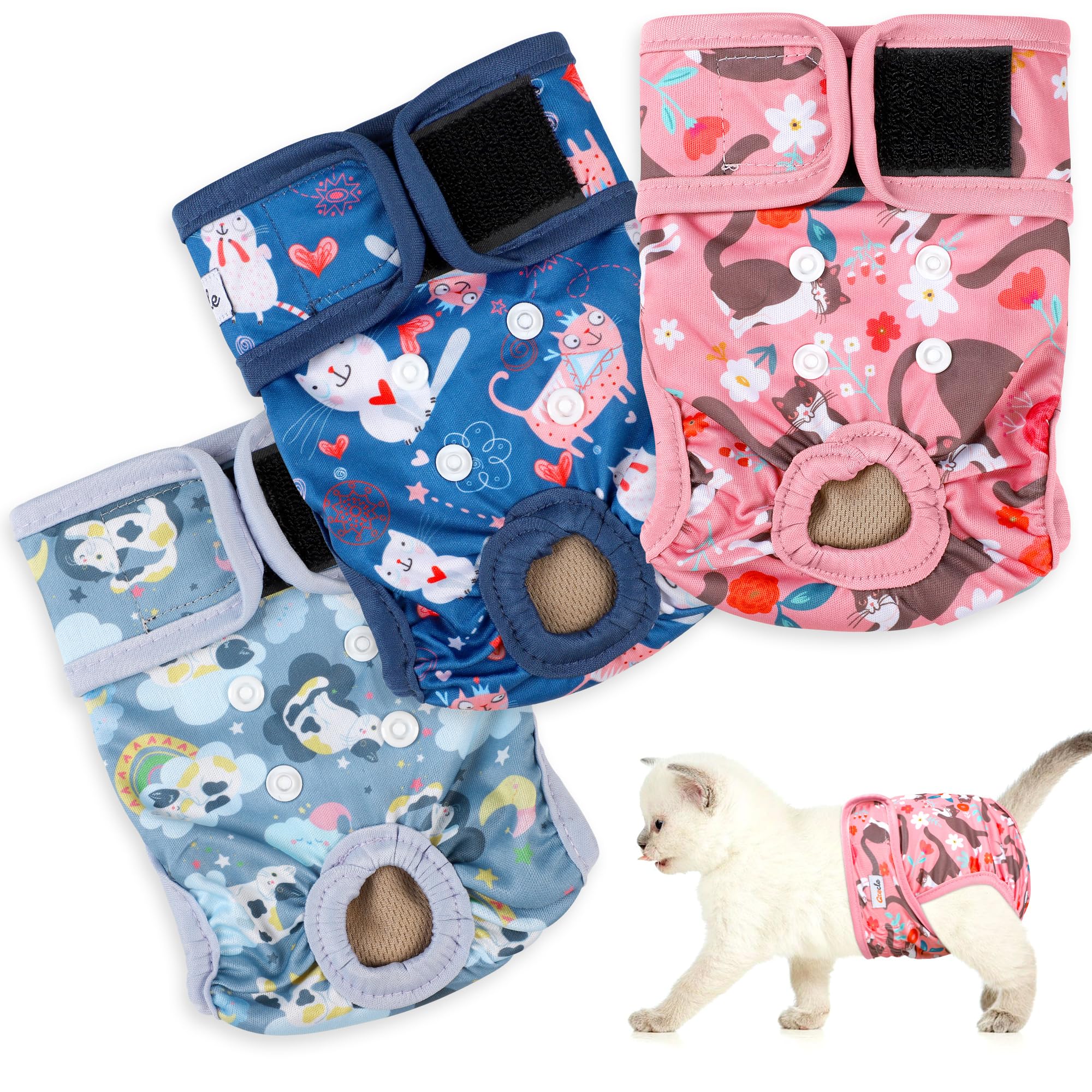 Reusable Cat Diapers 3 Pack With Good Absorbency Kitten Diapers Small For Female & Male Cats - Easy To Put On, Secure Fit
