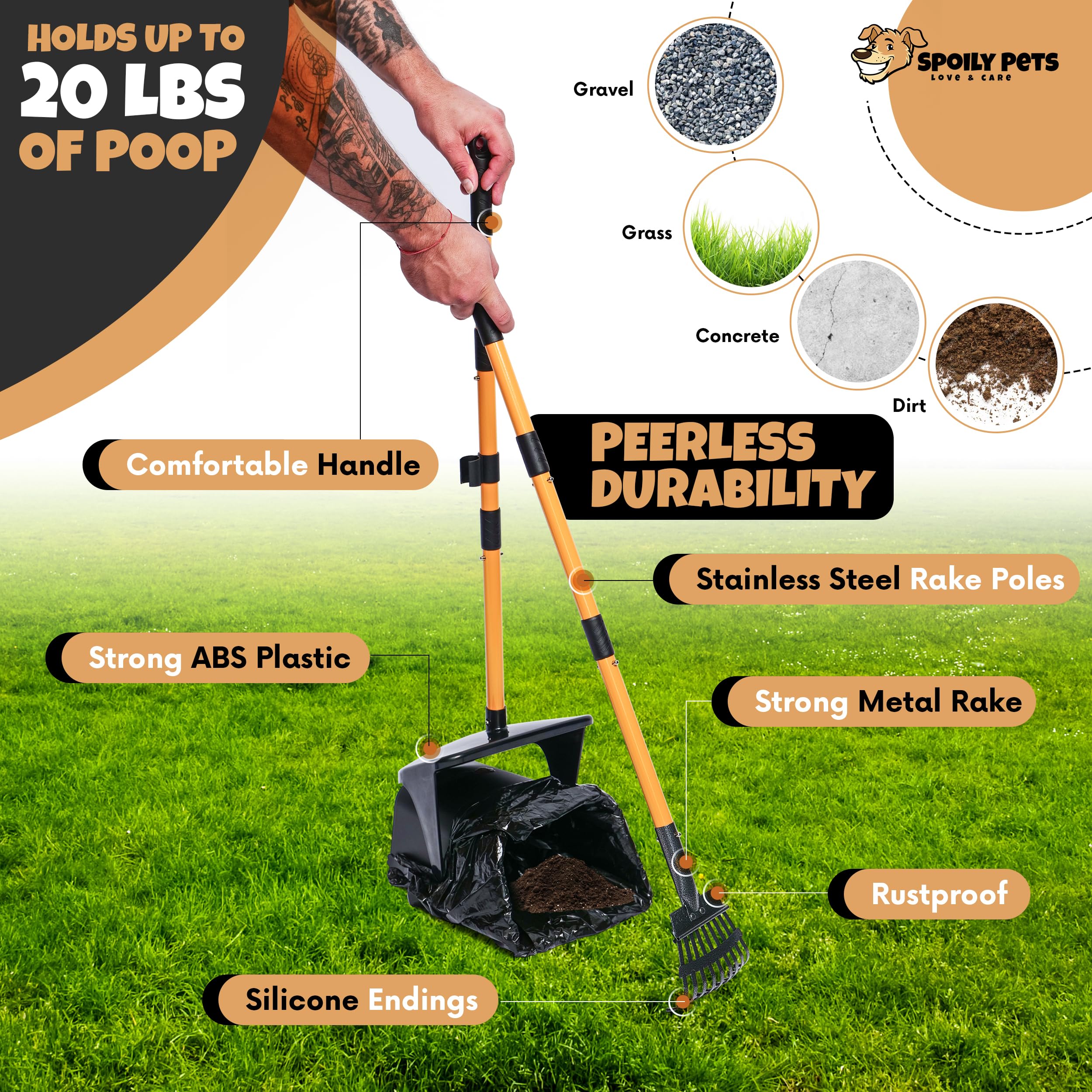 Dog Pooper Scooper With Bag Attachment - Metal Pooper Scooper Heavy Duty - Easy Cleanup, Ergonomic Design - Dog Poop Picker Uppe