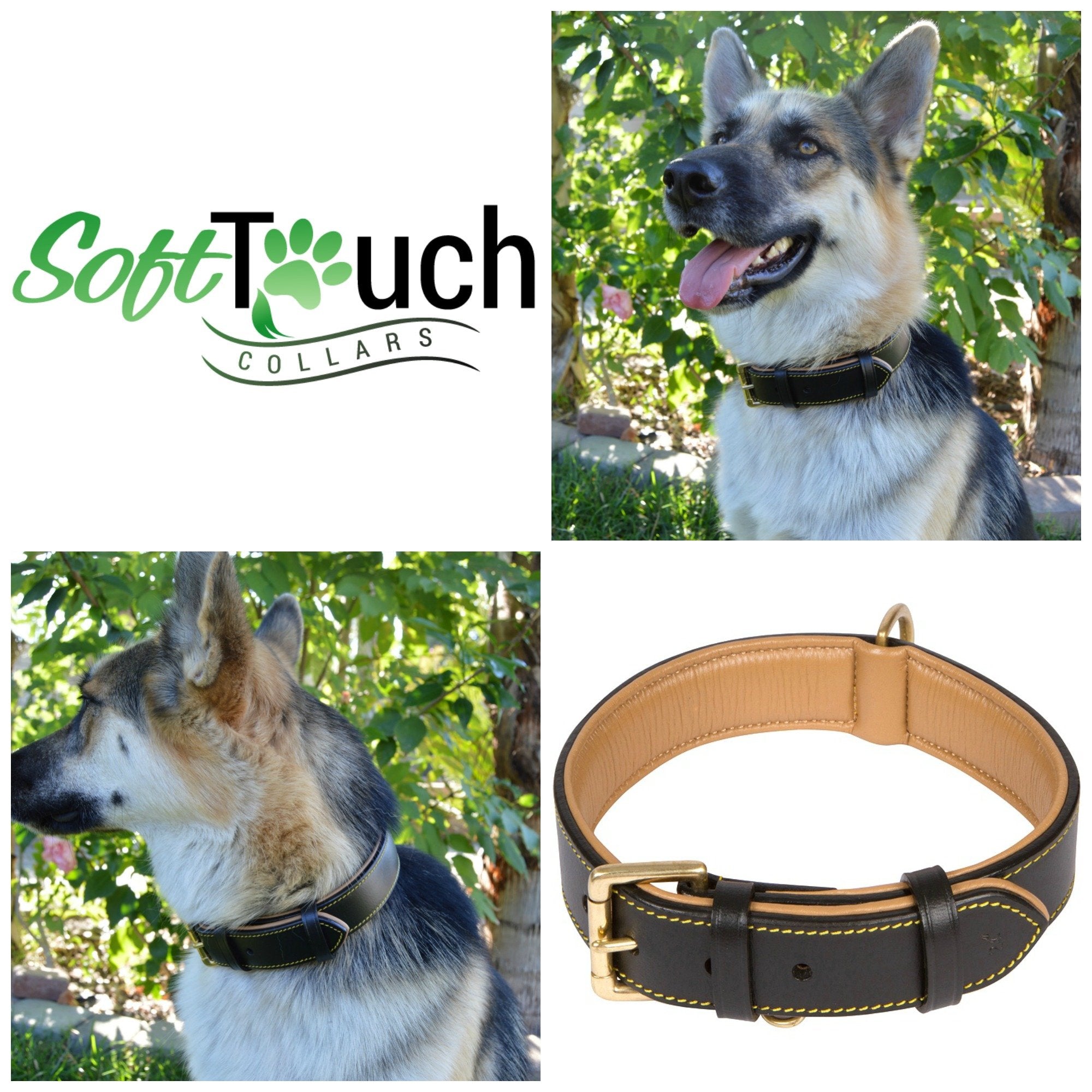 Soft Touch Collars Black Leather Dog Collar , Real Genuine Leather, Best For Large Male Or Female Dogs