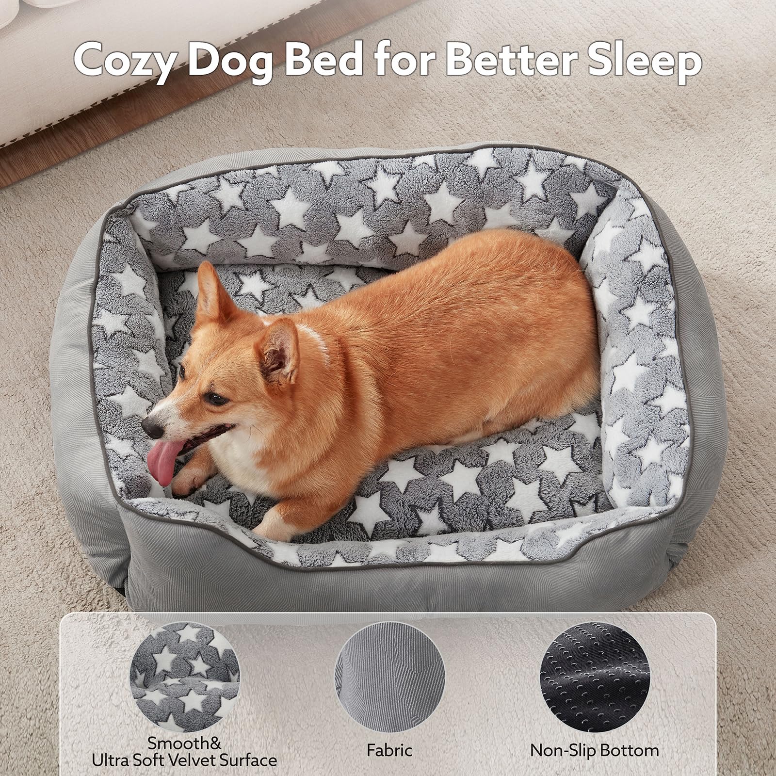 SIWA MARY Dog Bed for Medium Large Size Dogs,Stars Pattern Design Inside, Rectangle Pet Sofa, Washable Soft Sleeping Warming Pet