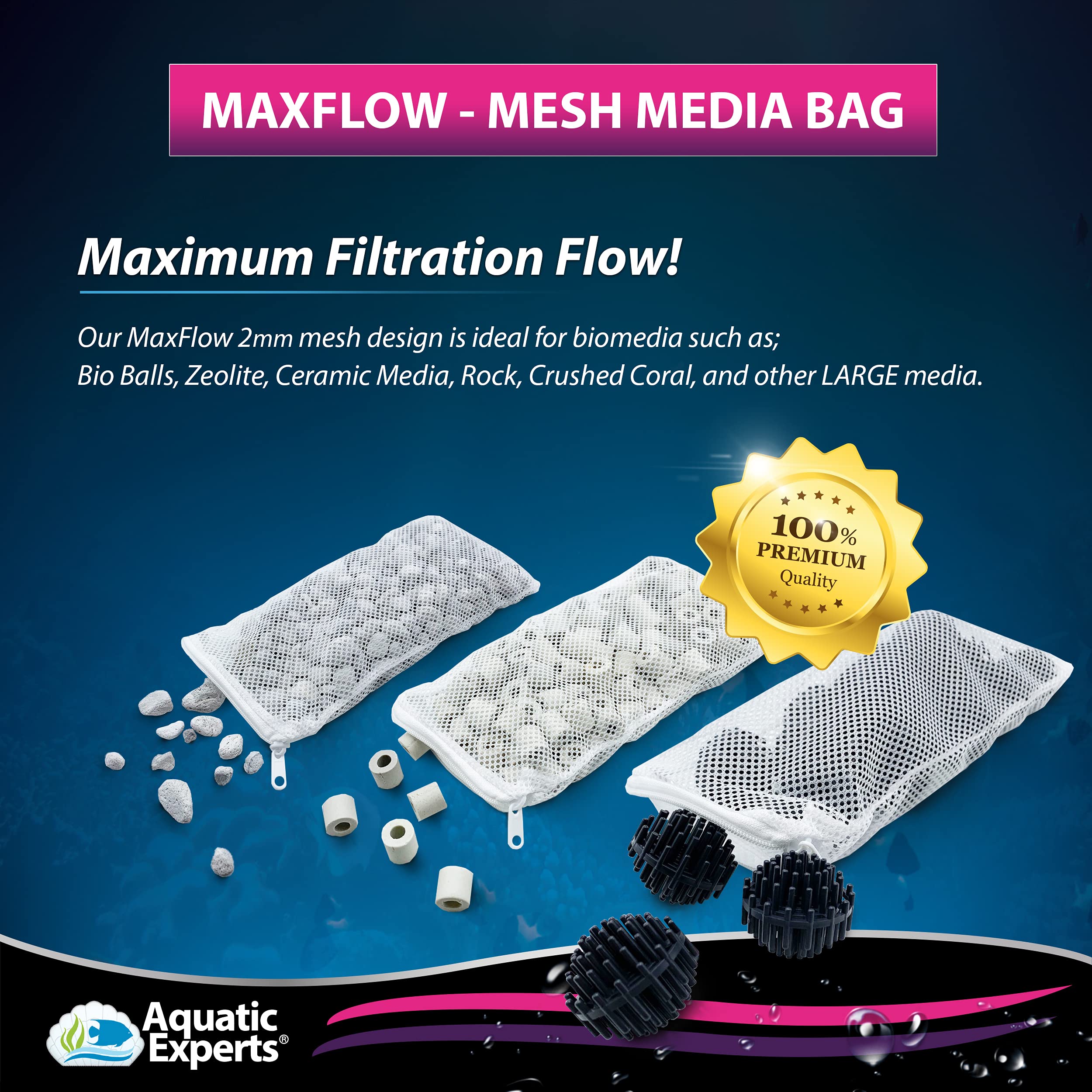 Aquatic Experts High Flow Mesh Filter Media Bags - Aquatic Bags For Filter Media (Max Flow, 3' X 8' - 4 Pack)