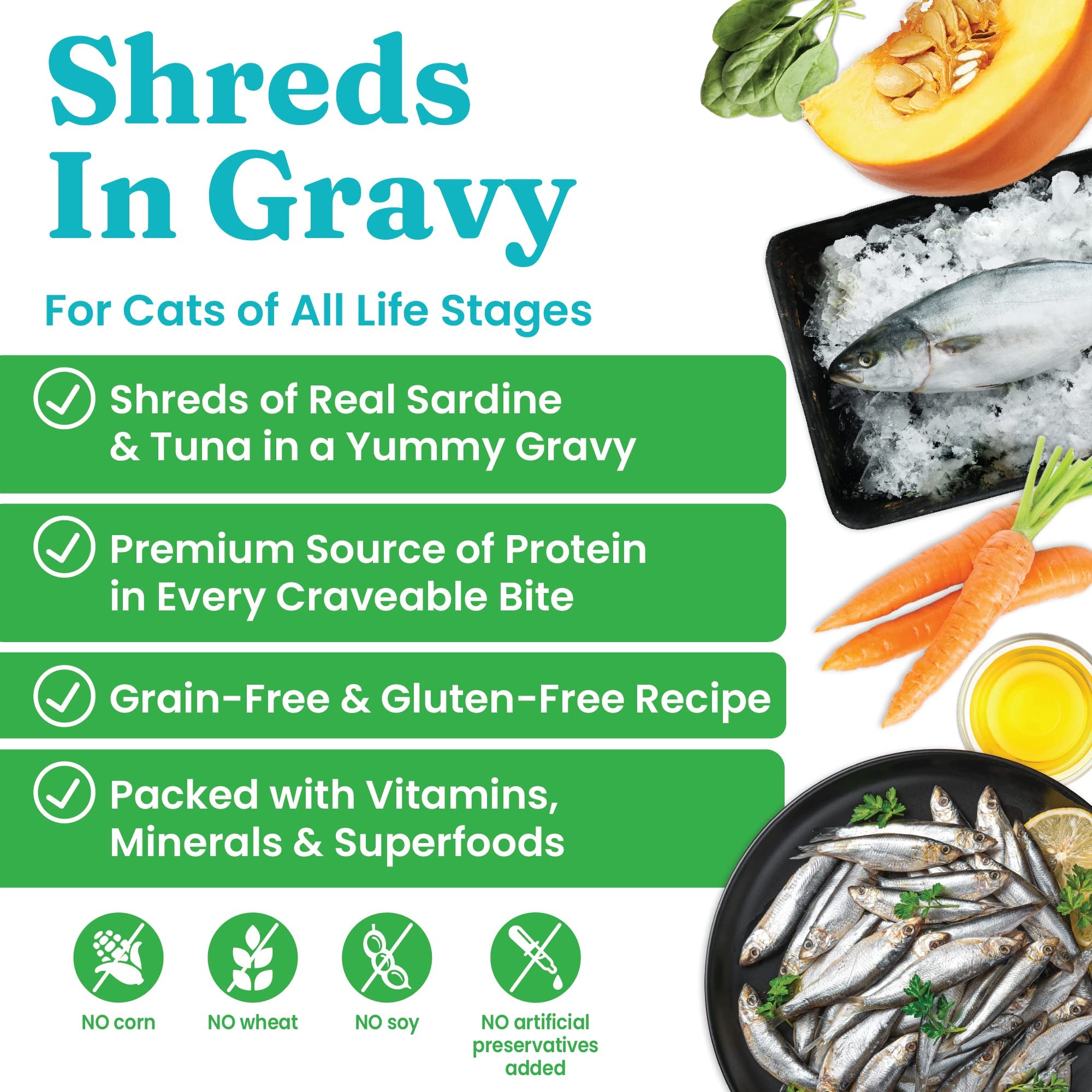 Solid Gold Wet Cat Food Shreds in Gravy - Healthy Canned Cat Food Made w/Real Tuna, Sardine, Vitamins, Minerals & Taurine - Grai
