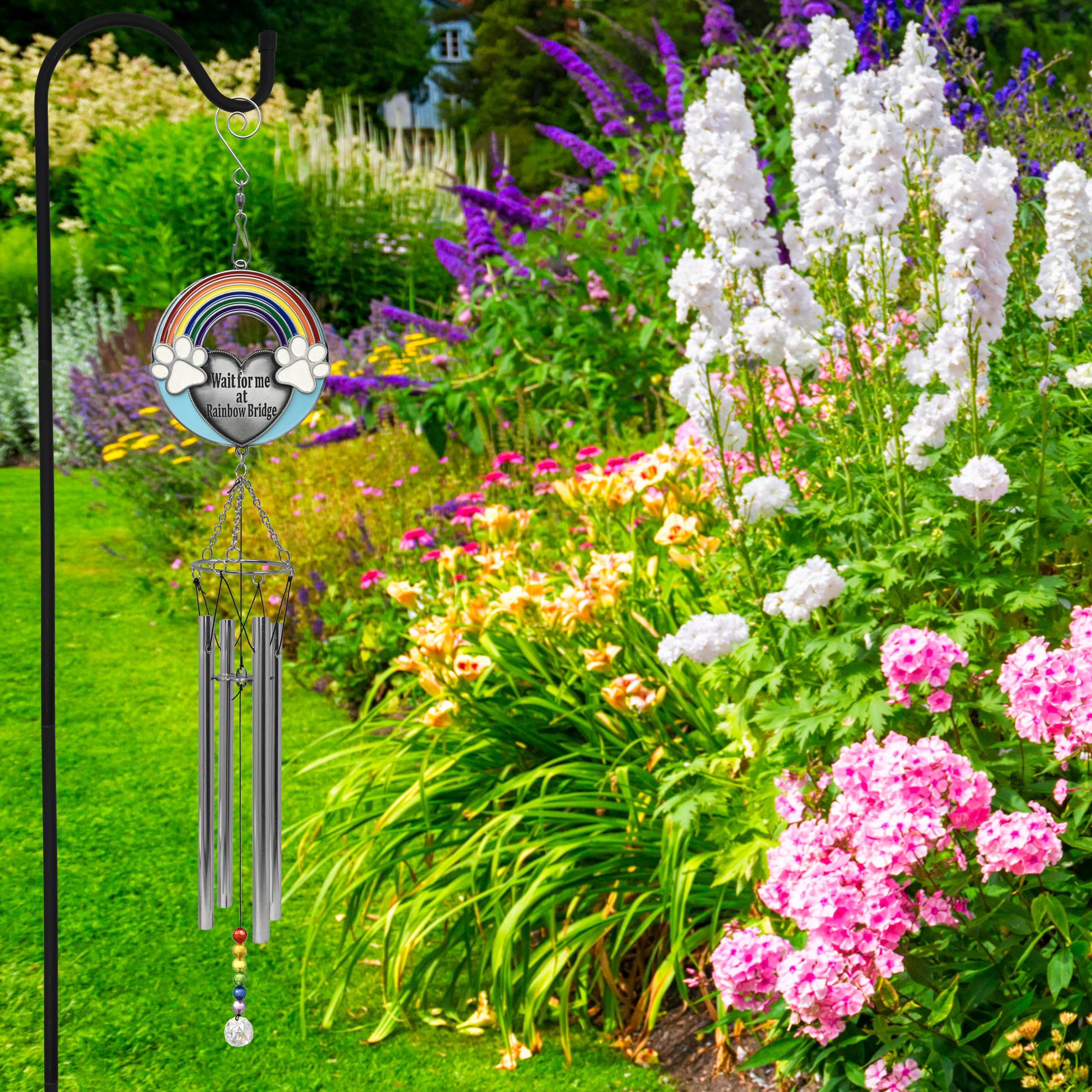Rainbow Bridge Pet Memorial Windchime - Wait For Me At Rainbow Bridge - Loss Of A Pet Dog Or Cat Hang Near Your Pet'S Grave To Help You Remember Them Every Time The Wind Blows. 22' H