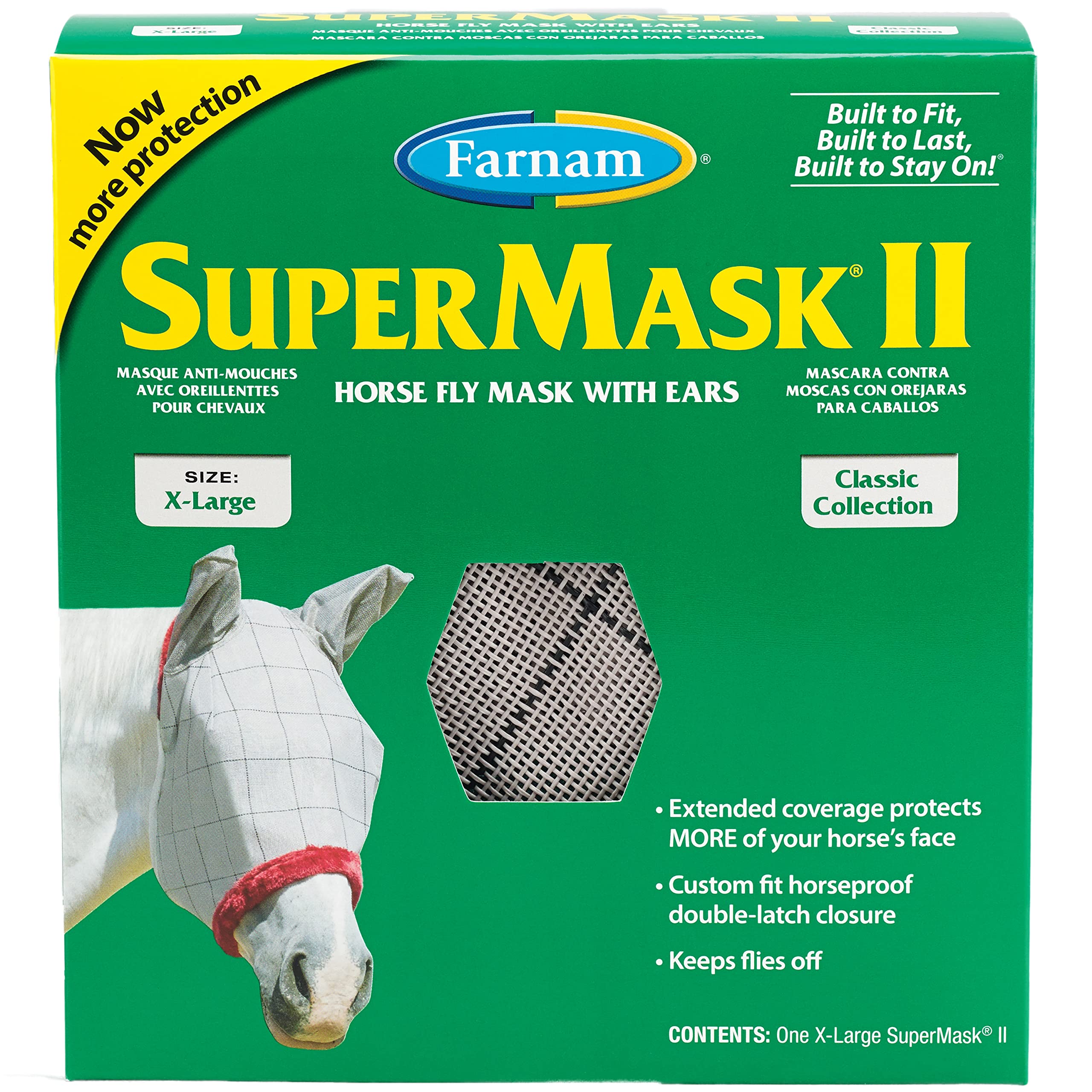 SuperMask II Fly Mask with Ears for Larger Horses, for Eye, Ear, Full Face Protection from Insect Pests, Structured Classic Styl