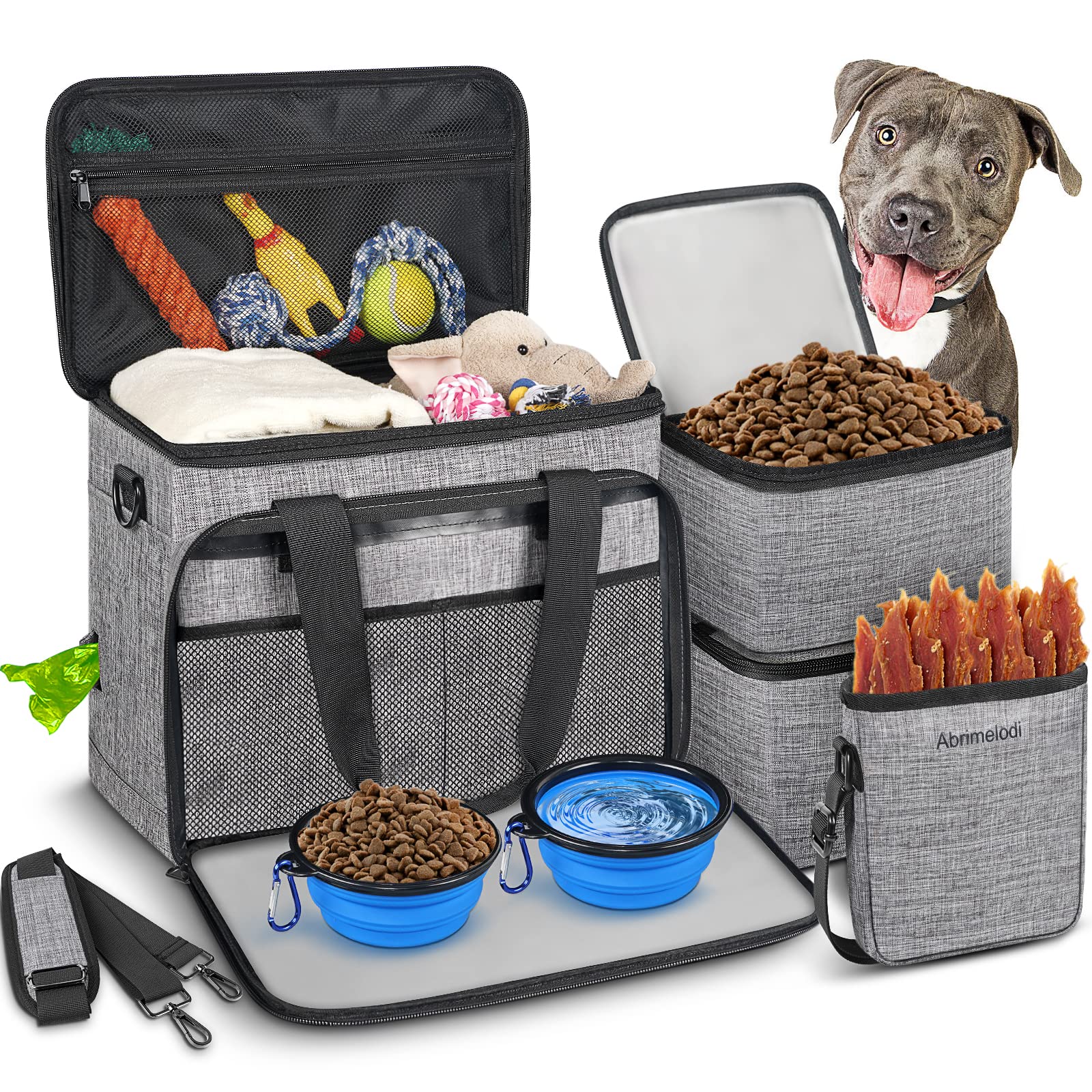 6 Set Dog Travel Bag, Large Pet Travel Kit for Supplies Includes 2 Food Containers, 1 Travel Organizer for Dogs, 2 Collapsible B