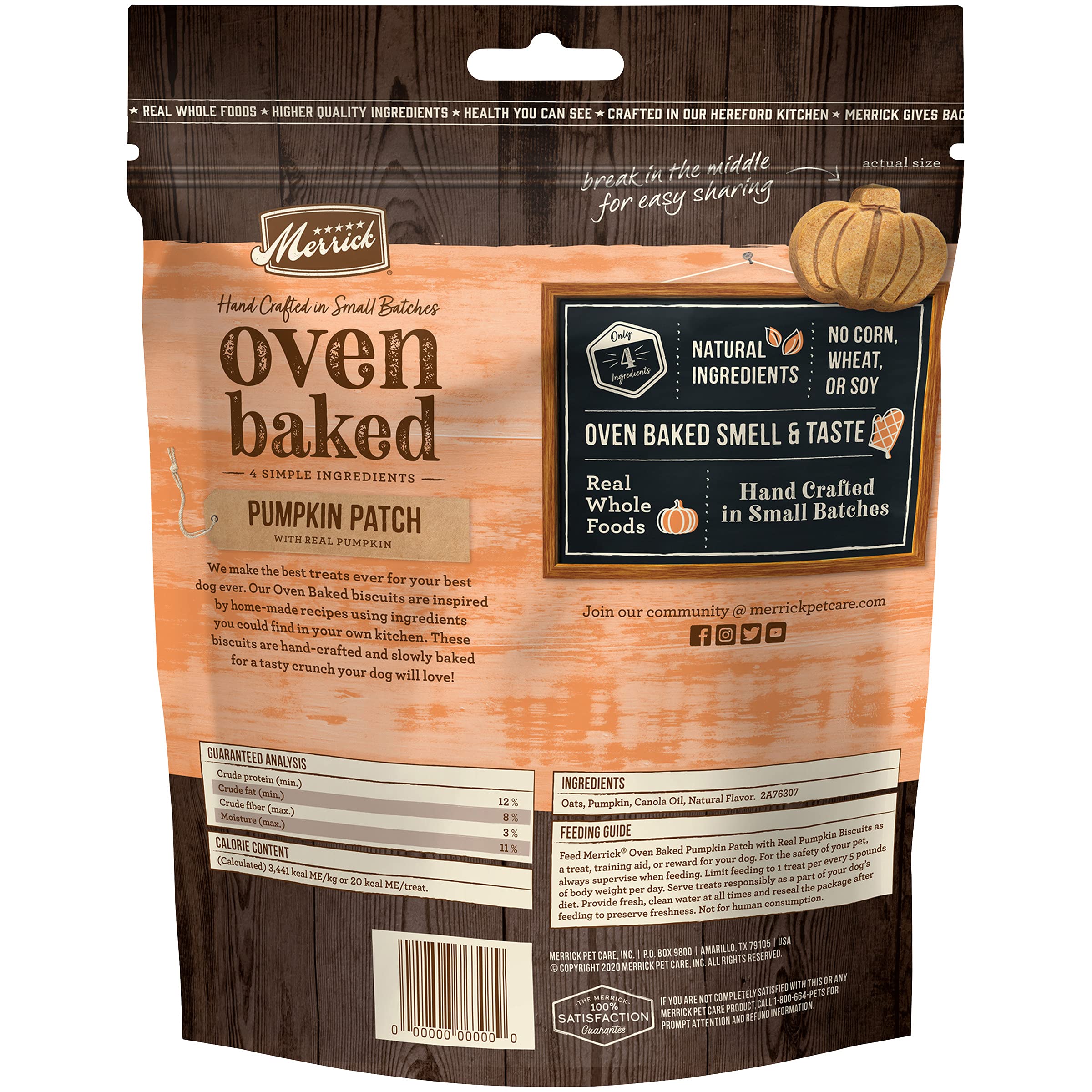 Merrick Oven Baked Natural Dog Treats, Pumpkin Patch, Made with Real Pumpkin, Hand Crafted in Small Batches, 4 Simple Ingredient