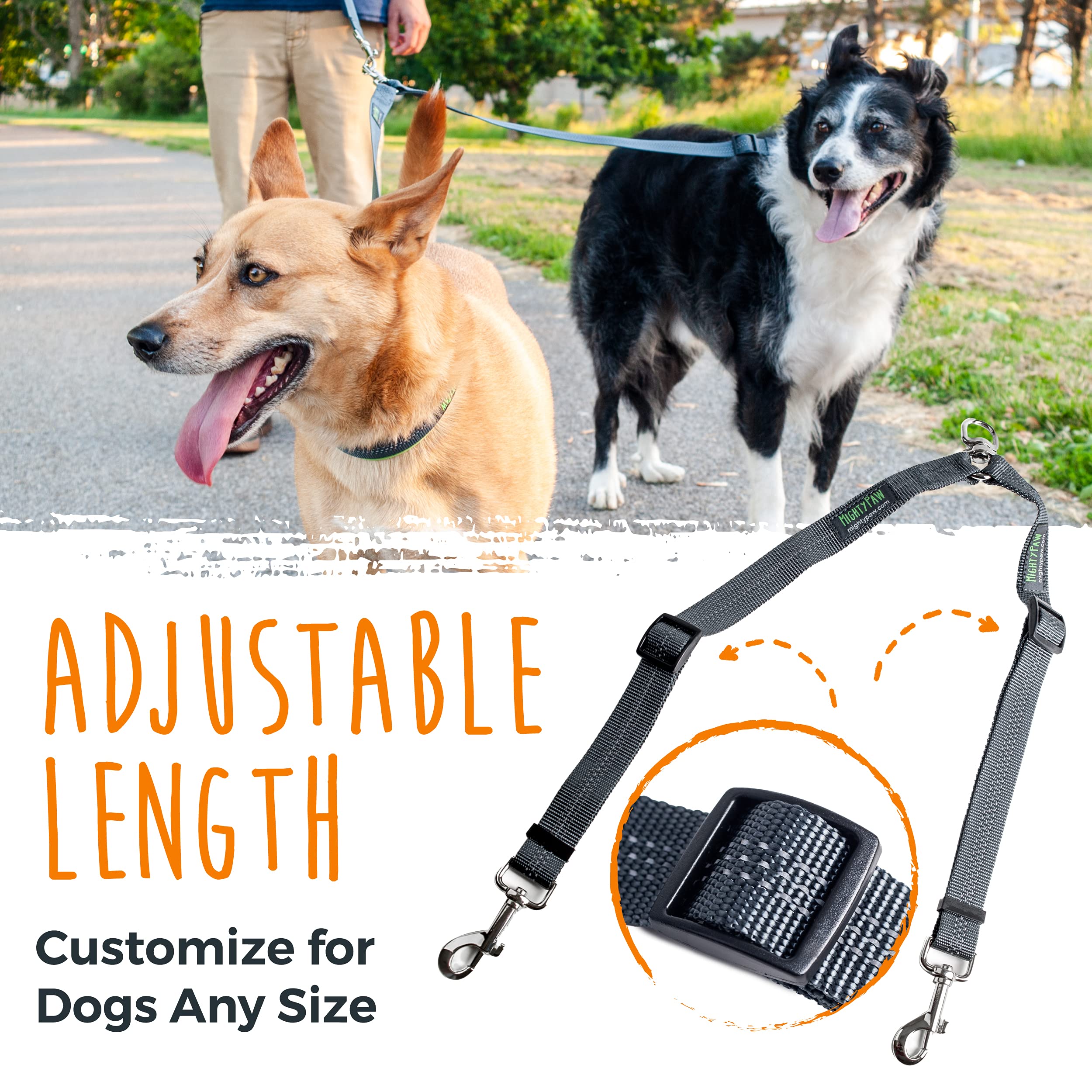 Mighty Paw Double Dog Leash - Tangle-Free Split Lead for 2 Dogs, Adjustable for All Breeds, Nylon, Standard Size