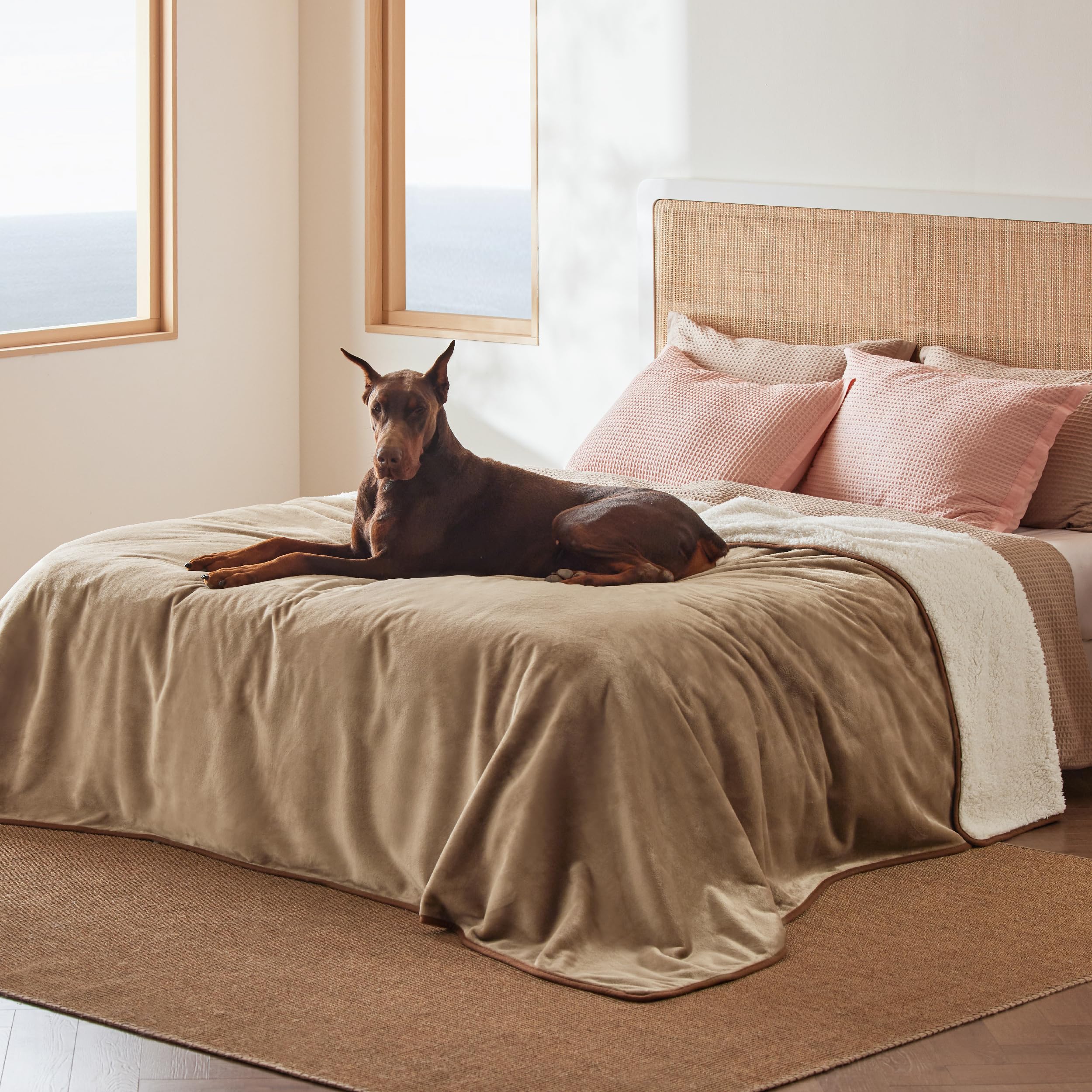 Bedsure Waterproof Blanket For Bed - Sherpa Fleece Waterproof Dog Blankets For Large Dogs, Pet Blankets For Bed/Couch/Dog Crate, Soft Plush Reversible Furniture Protector, King Size, 108'X86', Camel