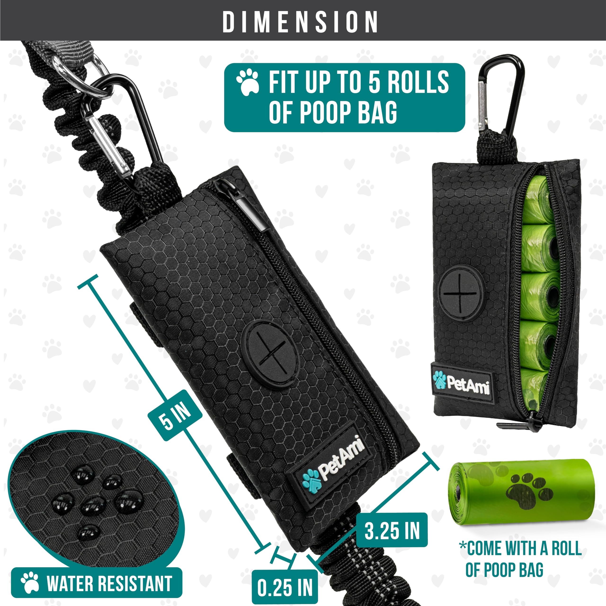 Petami Dog Poop Bag Holder For Leash, Dog Poop Bag Dispenser With Clip, Dog Waste Bag Holder For Pet, Dog Treat Pouch, Doggy Walking Camping Accessories With Trash Bag Roll, Black 1 Pack