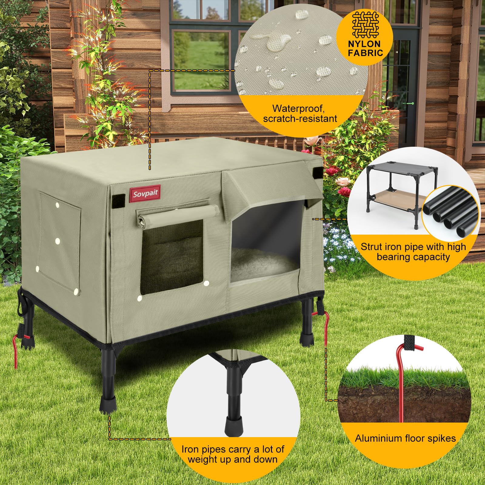 Sovpait Heated Cat House, Nylon Waterproof Fabric, Strong Supporting Iron Pipe Outdoor Kitty House Can Be Used Indoors,Outdoor,W