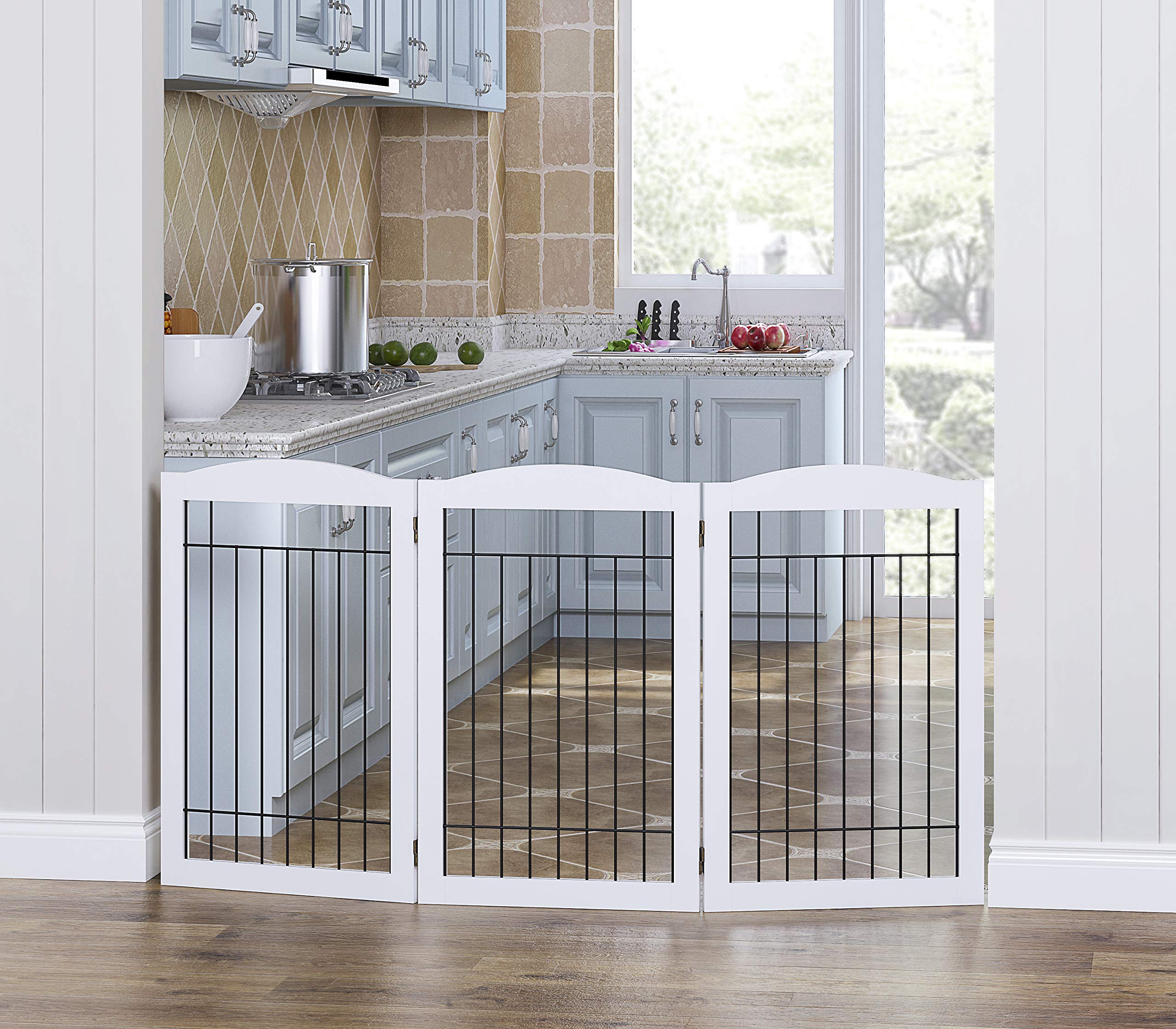 Spirich Freestanding Wire Pet Gate For Dogs, 60 Inches Extra Wide, 30 Inches Tall Dog Gate For The Houes, Doorway, Stairs, Pet Puppy Safety Fence, White- 3 Panels(No Include Support Feet)