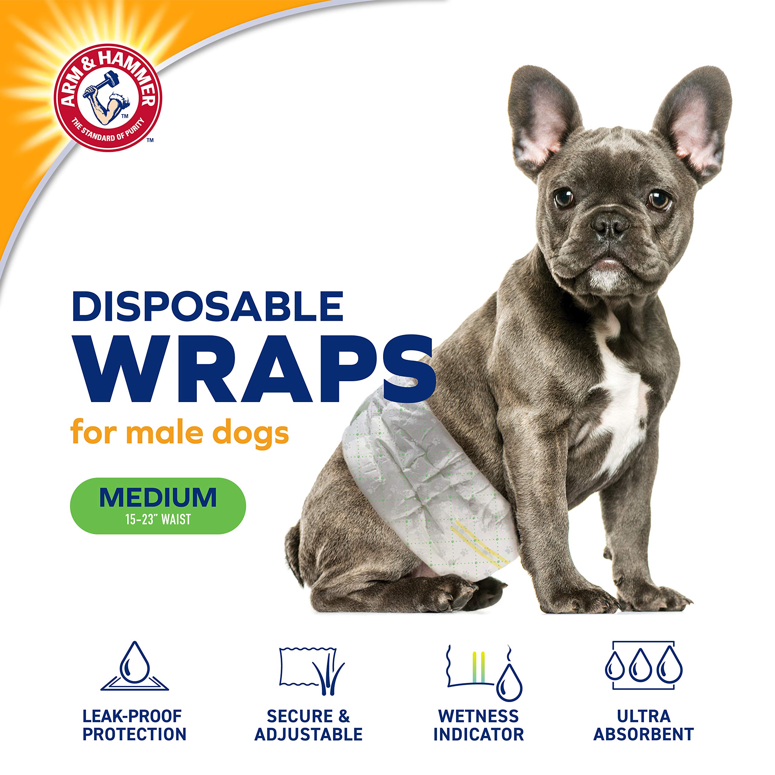 Arm&Hammer for Pets Male Dog Wraps, Medium 24 Ct UltraAbsorbent, Adjustable Male Dog Diapers with Leakproof Protection & Wetness