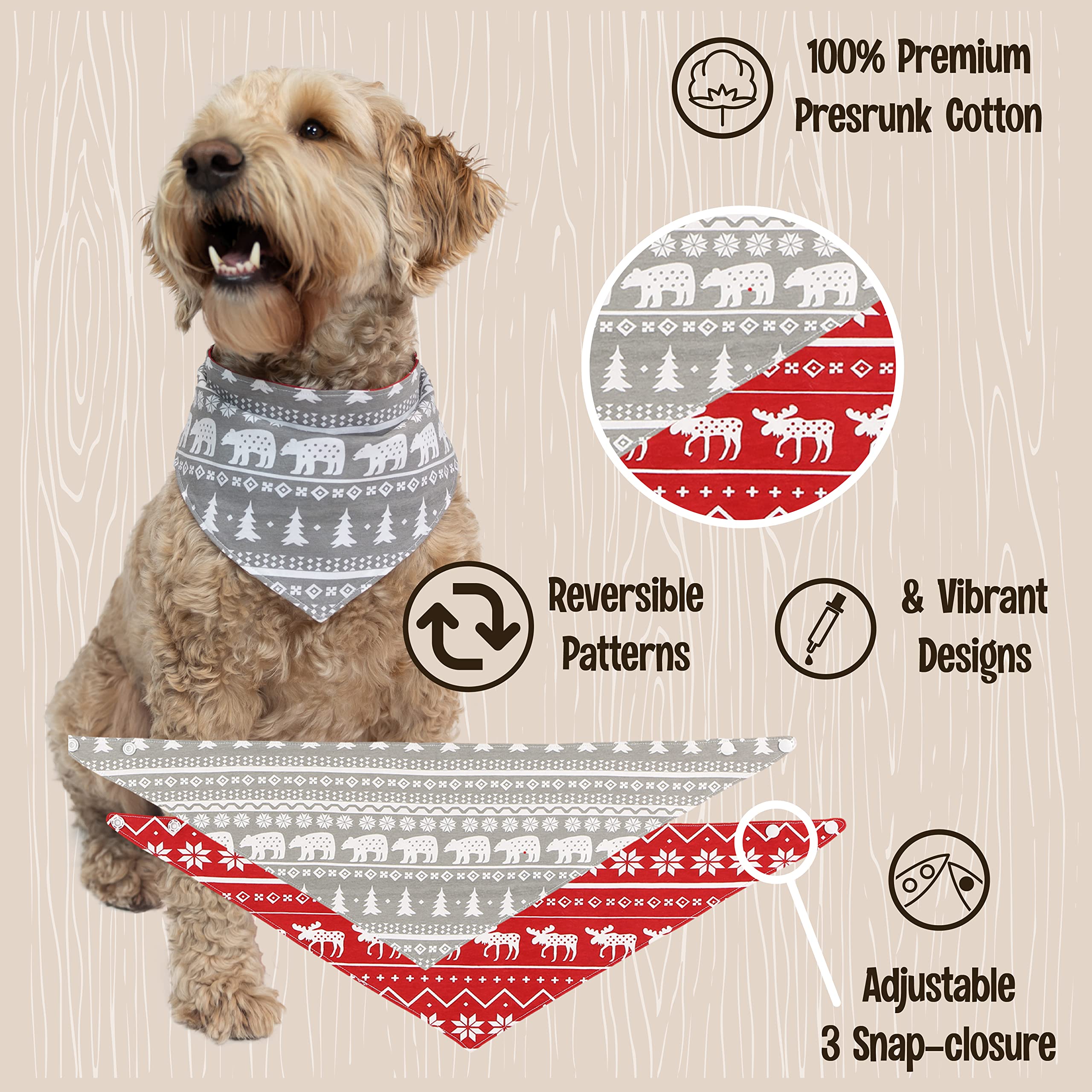 Lazy One Reversible Dog Bandana, Cute Accessories For Pets, Moose, Bear, Winter (X-Small/Small, Nordic Dog)