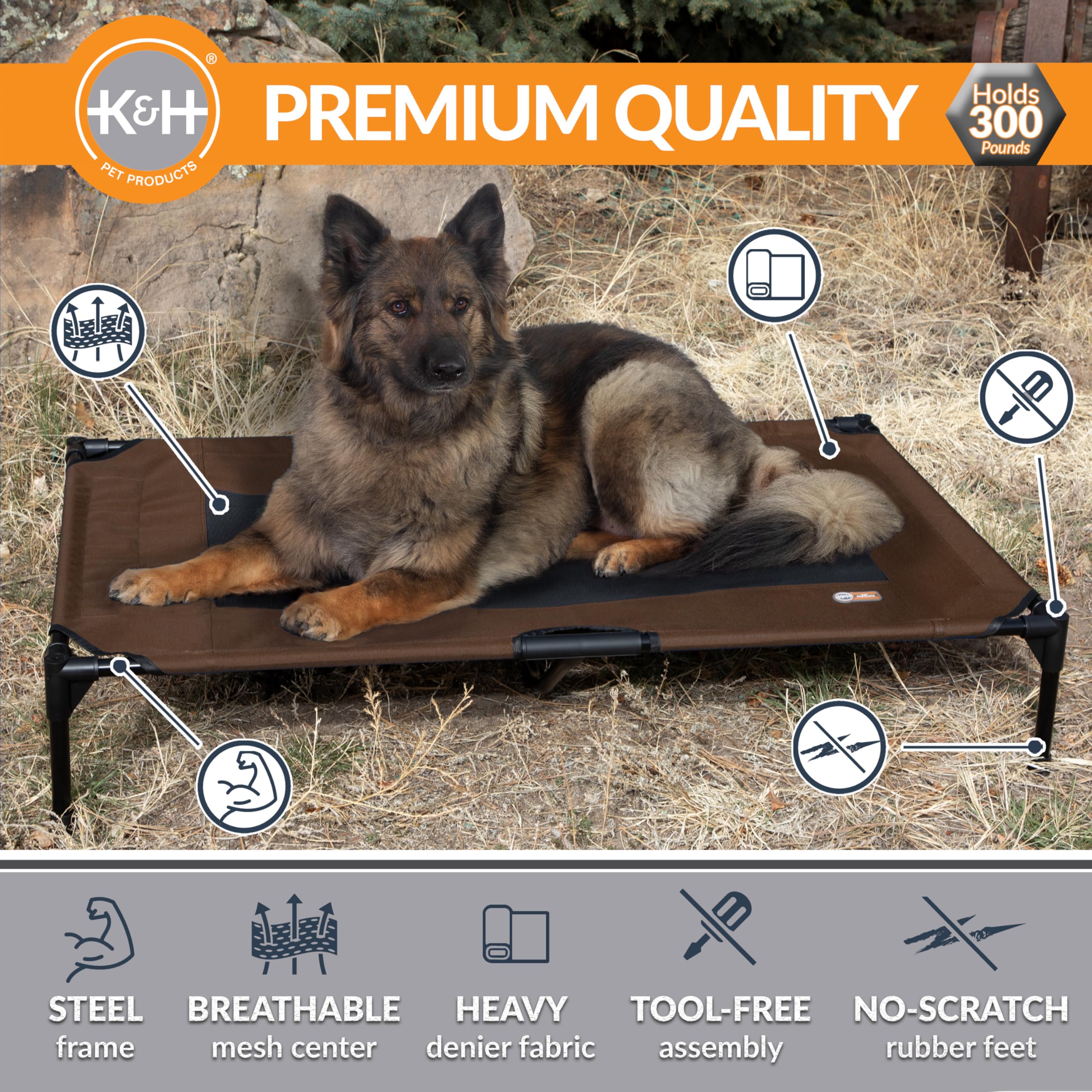 K&H Pet Products Outdoor Elevated Dog Cot, Breathable Cooling Elevated Cot Hammock Pet Bed for XL Dogs, Washable Mesh Cover, Rai