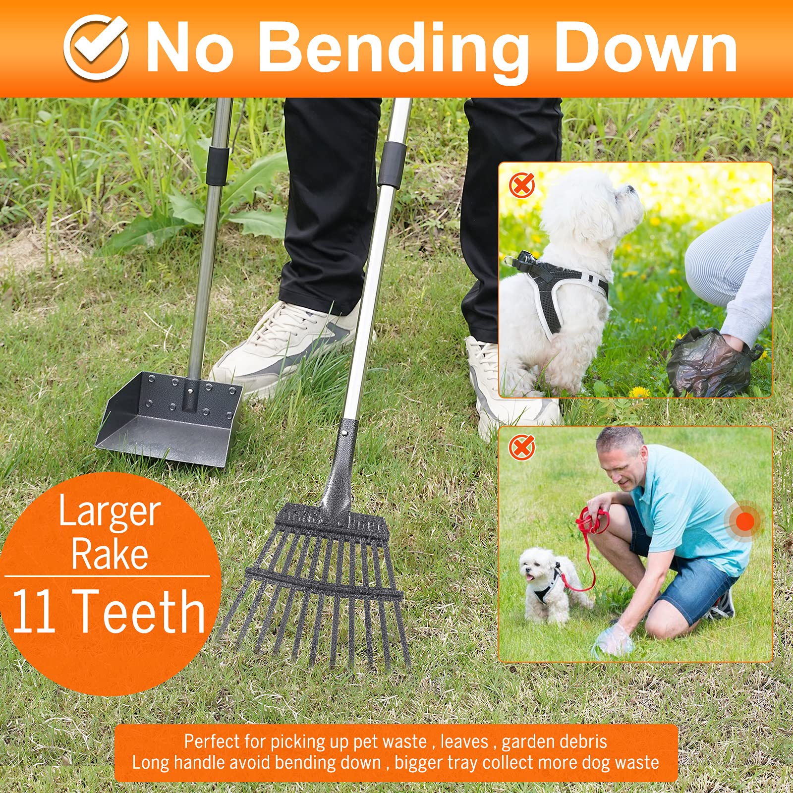 Luffwell Dog Pooper Scooper, Adjustable Handle Poop Scooper With Tray,Rake And Spade Set Of 3, Steel Stainless Poop Scoop For Medium Large Dogs And Pet Waste On Grass, Dirt And Gravel (Large Size)