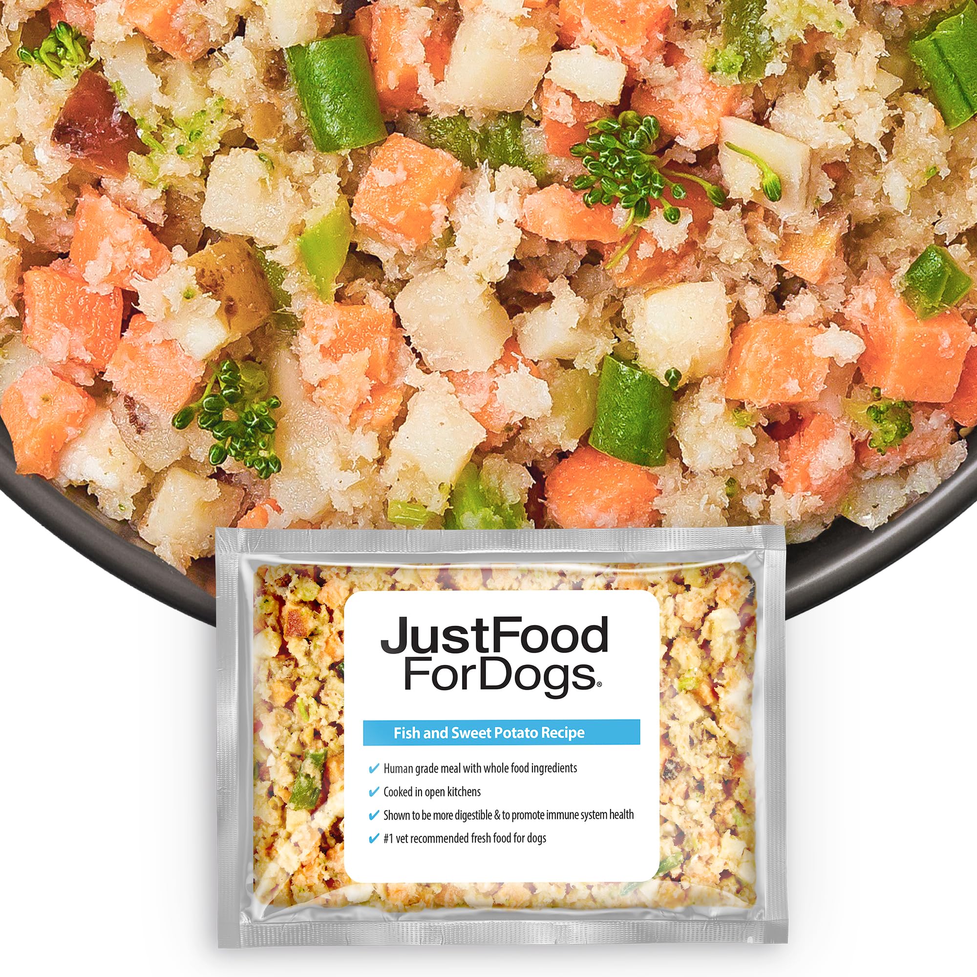 JustFoodForDogs Frozen Fresh Dog Food, Complete Meal or Dog Food Topper, Fish & Sweet Potato Human Grade Dog Food Recipe, 18 oz 