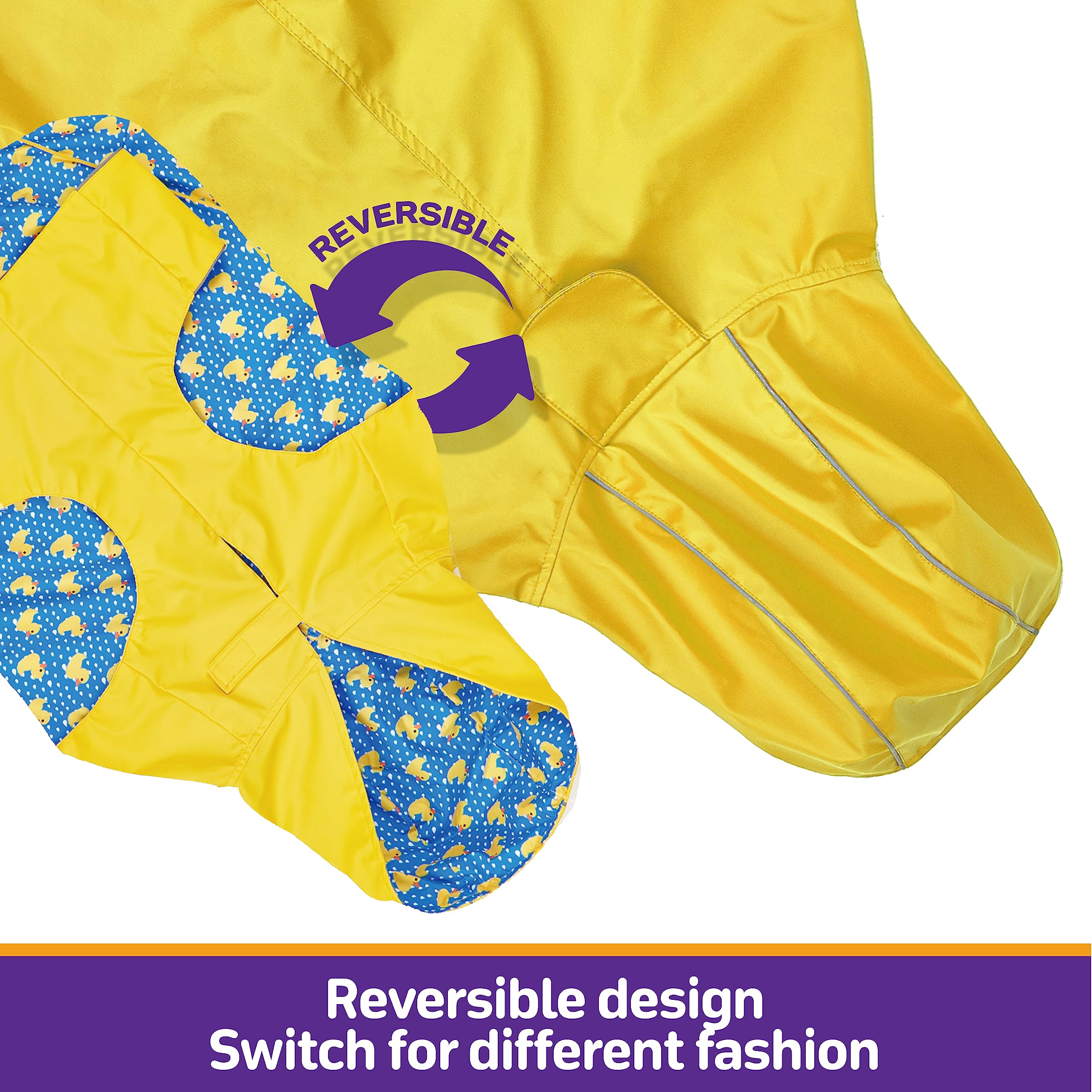 Kimee Dog Raincoat Reversible, Single Side Slicker Poncho Adjustable Waterproof Dog Rain Jacket With Leash Hole/Reflective Strip