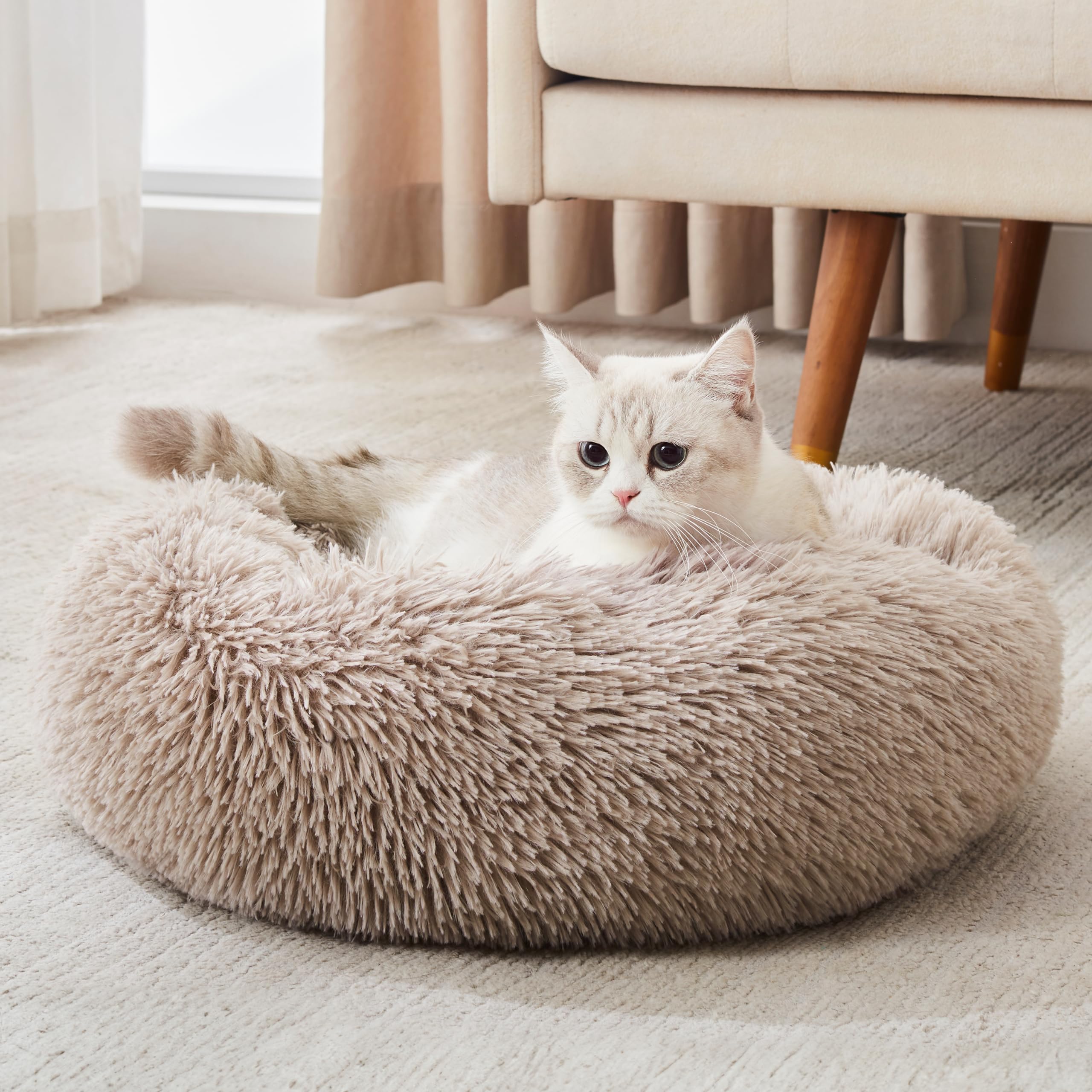 Calming Dog Bed & Cat Bed, Anti-Anxiety Donut Cuddler Warming Cozy Soft Round Fluffy Faux Fur Plush Cushion bed for Small Medium