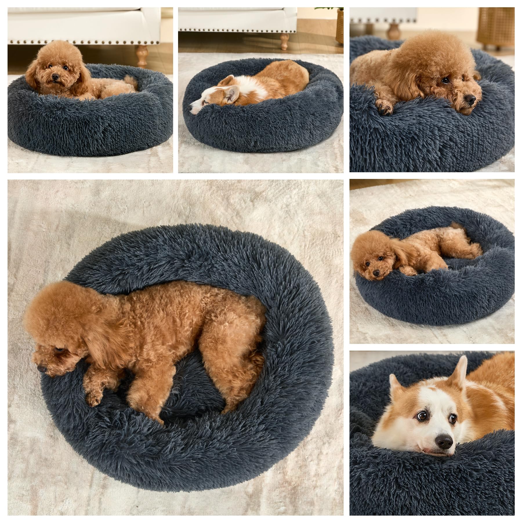 Kimpets Calming Donut Dog Beds For Small Medium Large Dogs - Round Washable Dog Bed, Anti-Slip Faux Fur Fluffy Donut Cuddler Anx