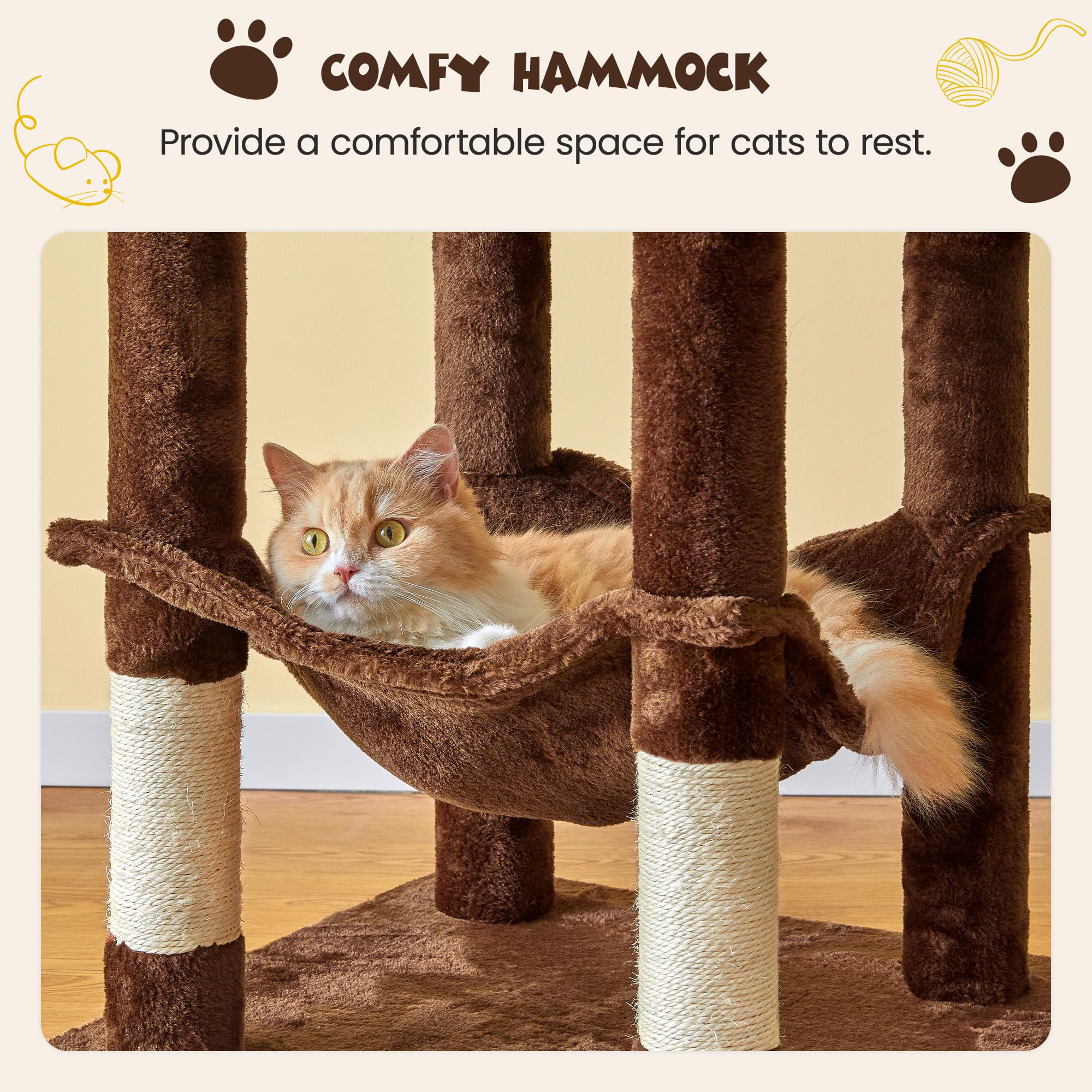 Mwpo 63.8 Inches Multi-Level Cat Tree For Large Cats With Sisal-Covered Scratching Posts, Padded Platform, Hammock And Condo,Sta