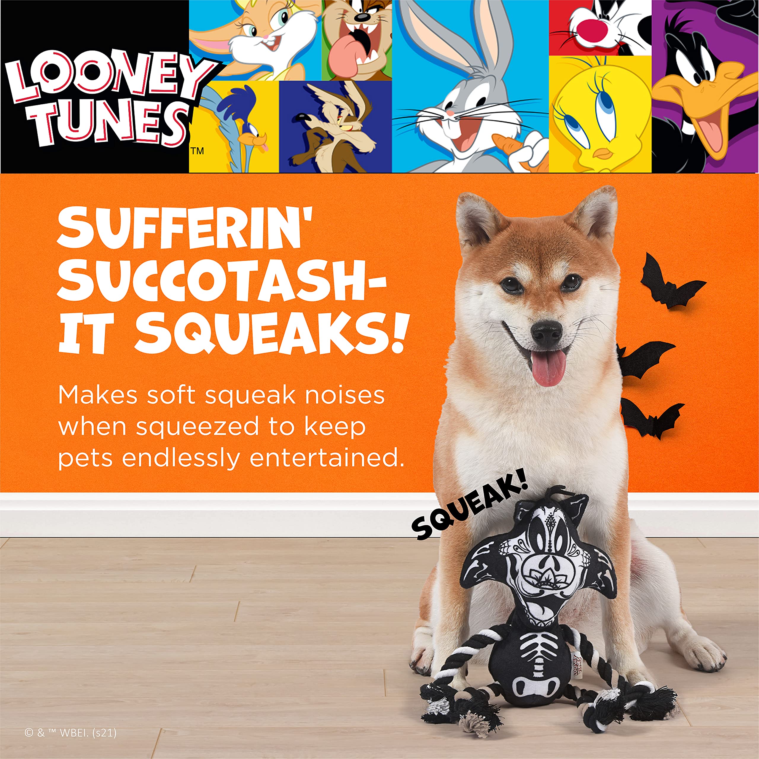 Looney Tunes For Pets Sylvester The Cat Halloween Skeleton Rope Pull Dog Toy | Sylvester The Cat Squeaky Dog Toy | Plush Fabric Dog Chew Toy Rope Toy For Dogs, 9 Inch (Ff16974)