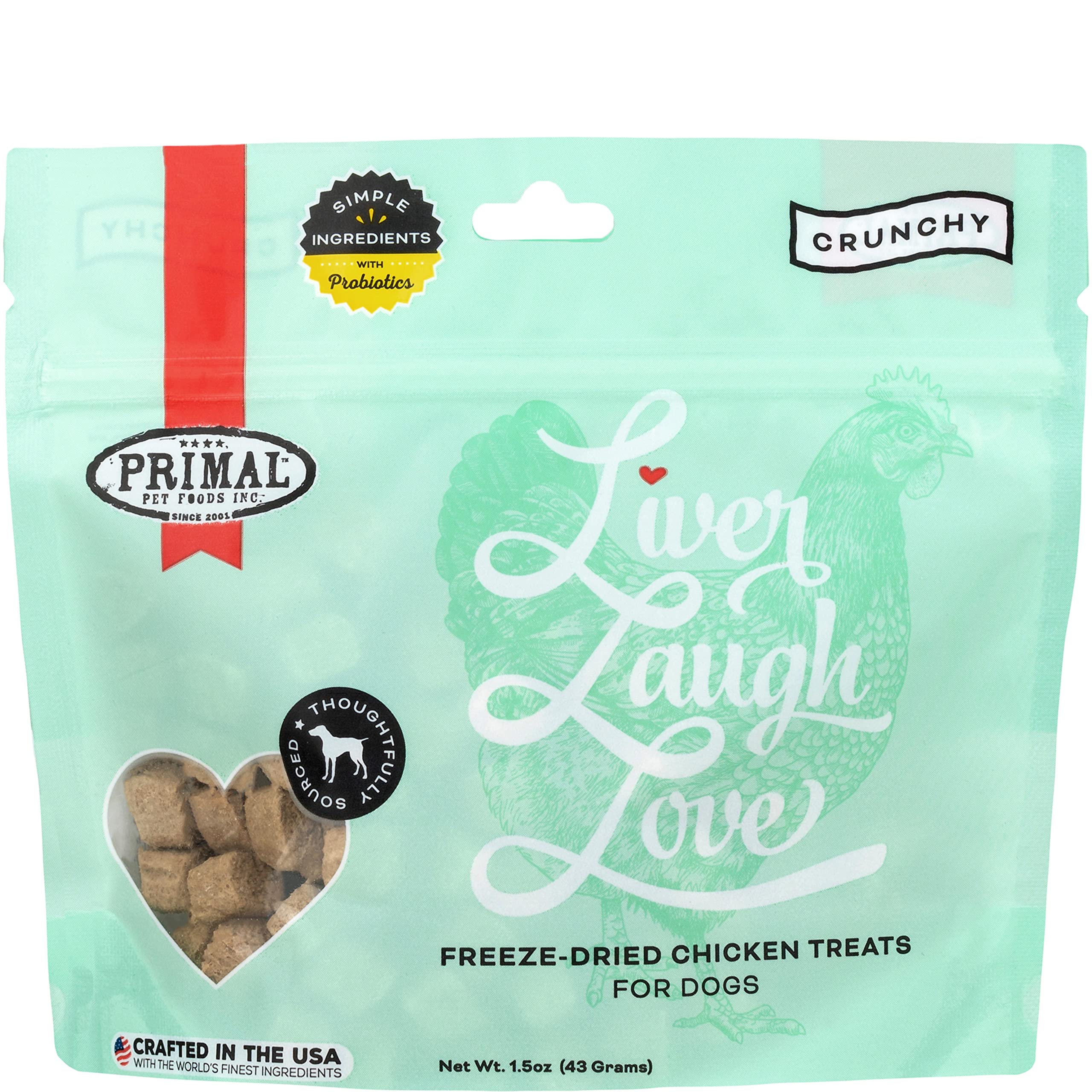 Primal Freeze Dried Dog Treats, Liver, Laugh, Love; Chicken Liver with Probiotics, Crunchy Grain Free Training Treats for Dogs, 